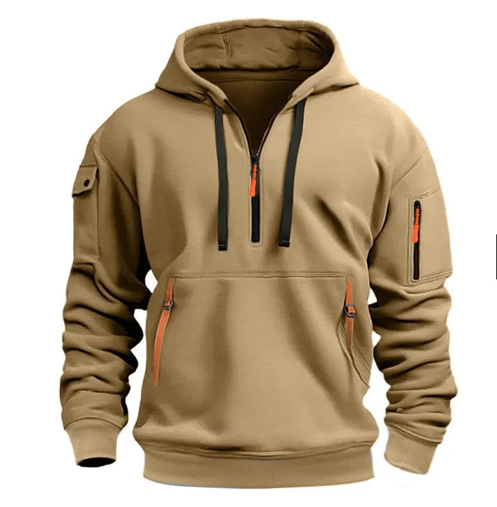Men's Casual Sports Hoodie Spring Autumn Fashion Solid Color Long-Sleeved Pullover with Arm Pocket And Pull Rope Plus Size
