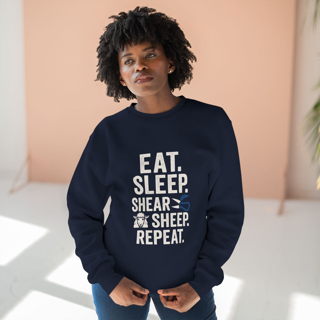 Eat Sleep Shear Repeat Sweatshirt — Sheep Shearing Crewneck for Shepherds & Farm Lovers