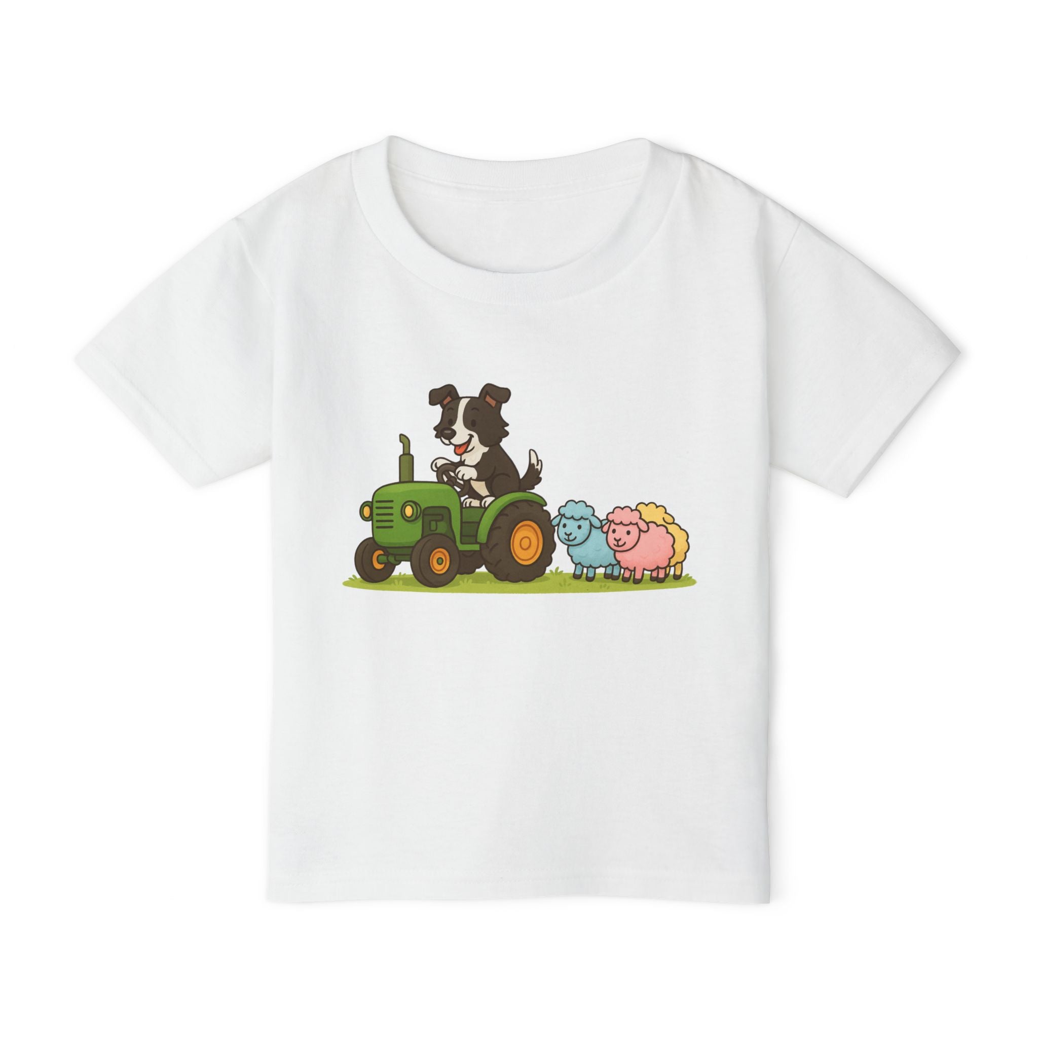 Toddler T-Shirt — Cartoon Farm Tractor with Border Collie & Sheep Friends