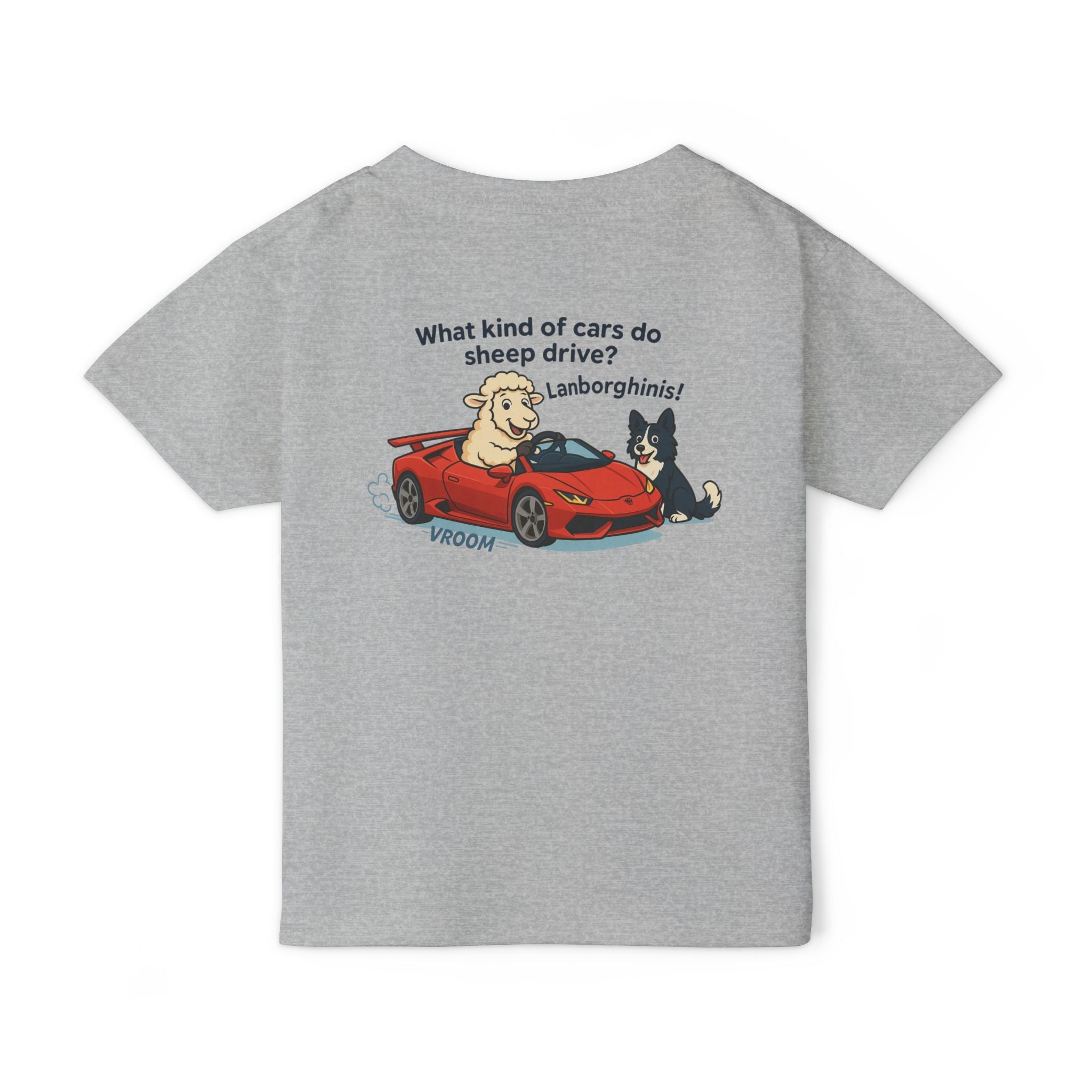 Toddler T-Shirt — Cute Sheep & Dog Cartoon with 'What kind of cars do sheep drive? Lamborghinis!' Back Print