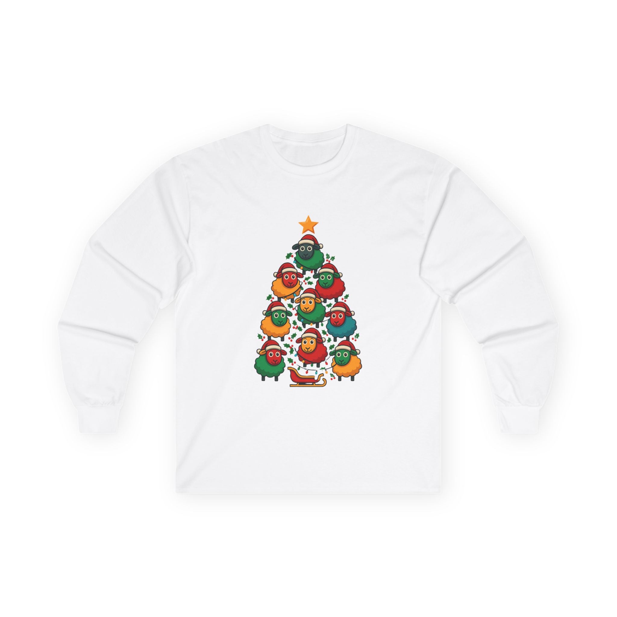 Long Sleeve Tee — Christmas Sheep Tree Graphic Holiday Shirt