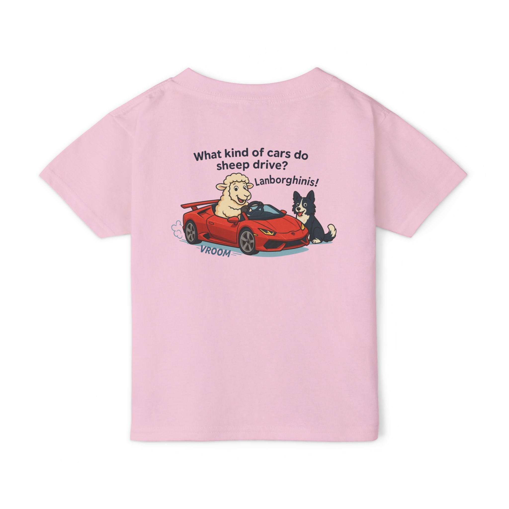 Toddler T-Shirt — Cute Sheep & Dog Cartoon with 'What kind of cars do sheep drive? Lamborghinis!' Back Print
