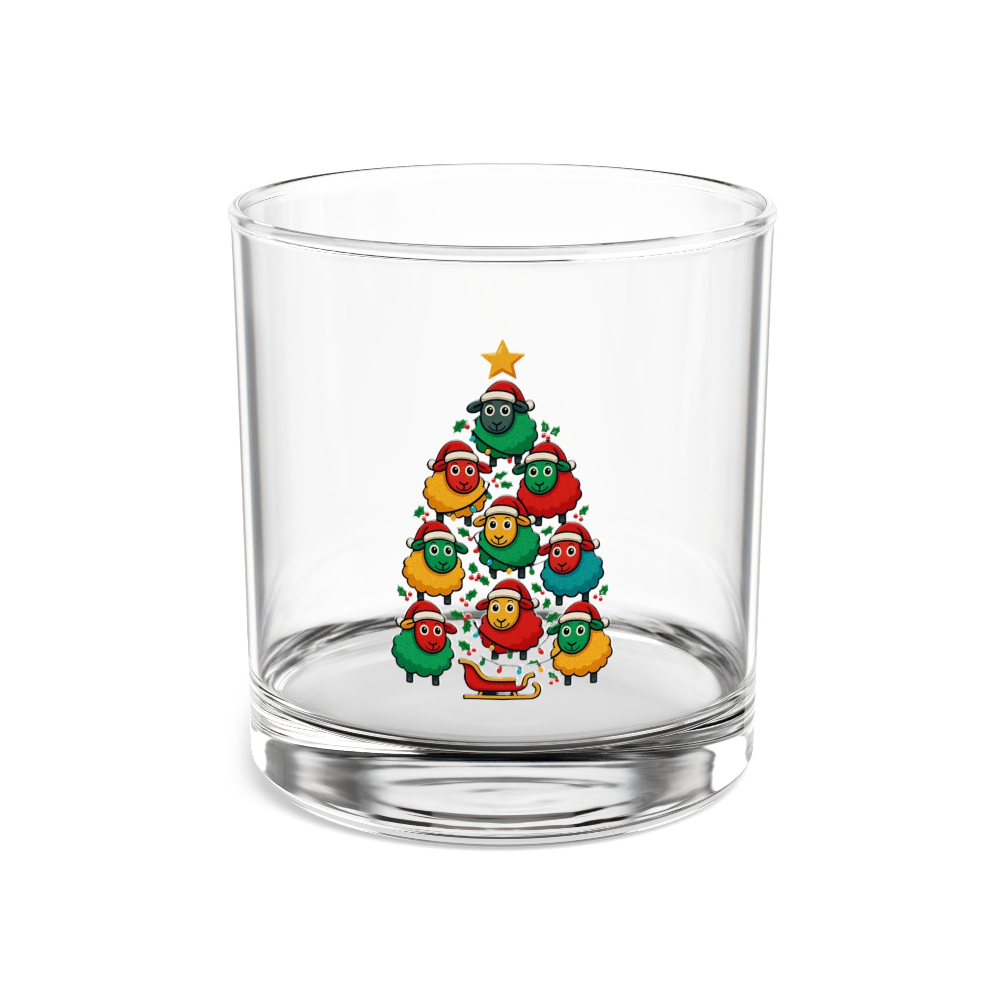 Christmas Sheep Tree Rocks Glass — 10oz Holiday Whiskey Glass