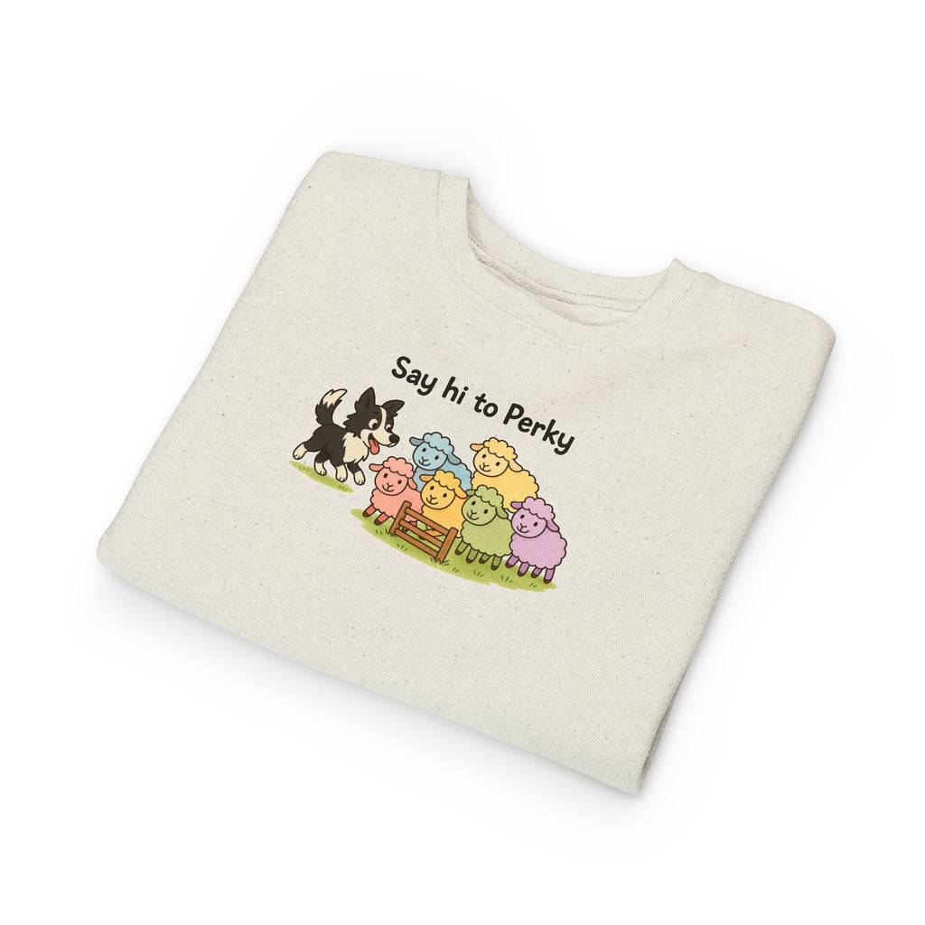 Say Hi to Perky Toddler Sweatshirt — Cute Sheep & Border Collie Kids Pullover