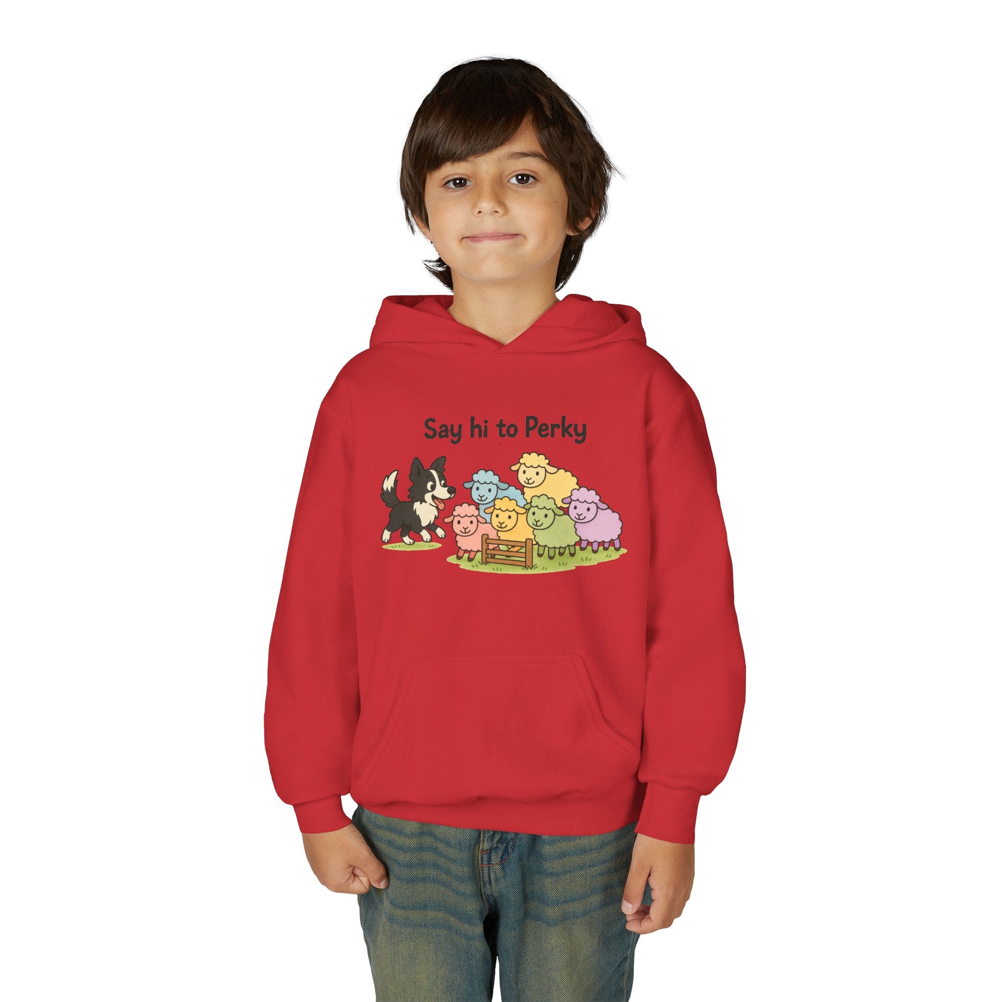 Youth Hoodie — "Say Hi to Perky" Cute Cartoon Sheep & Dog Kids Hooded Sweatshirt
