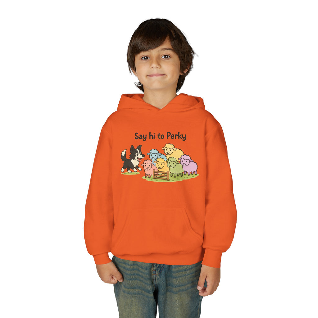 Youth Hoodie — "Say Hi to Perky" Cute Cartoon Sheep & Dog Kids Hooded Sweatshirt