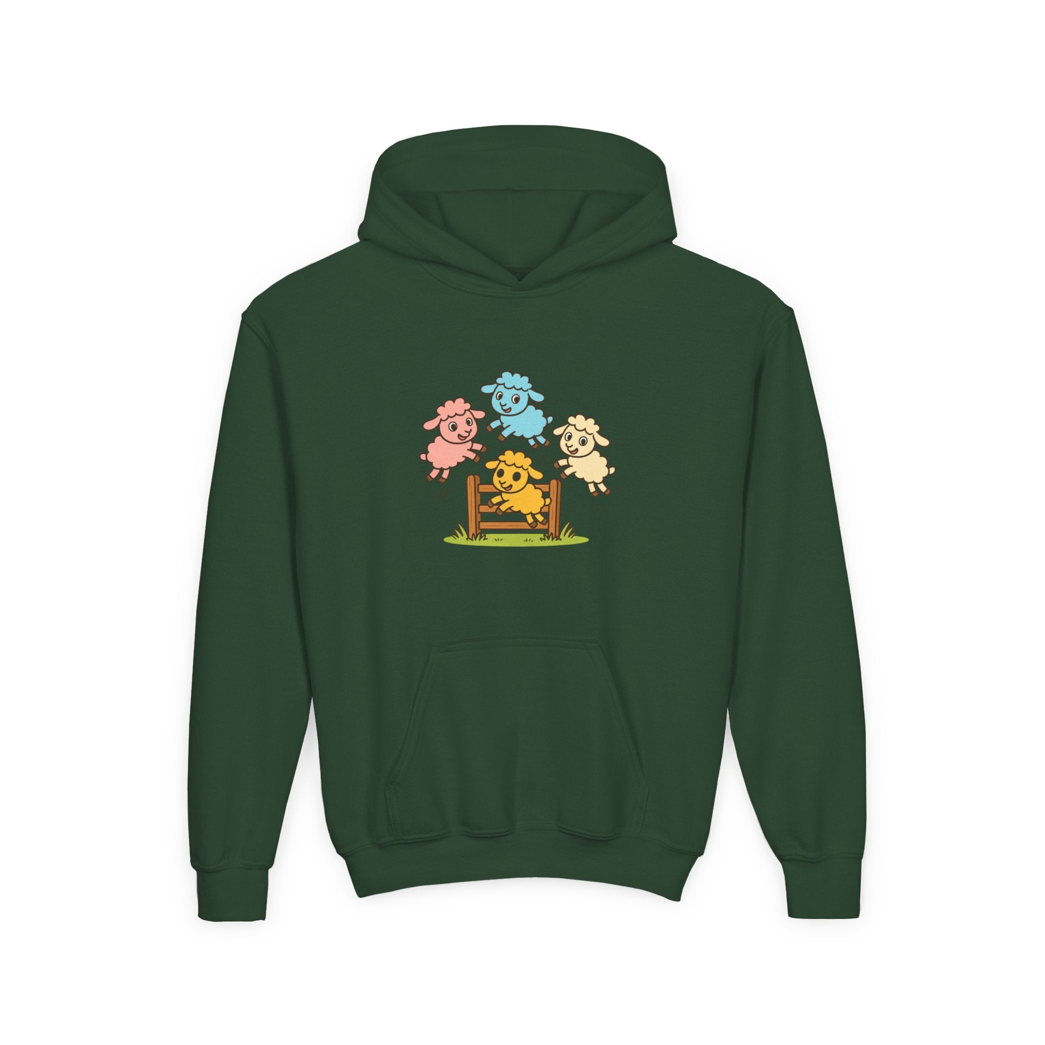 Kids Sheep Hoodie — Colorful Jumping Lambs Graphic Youth Hooded Sweatshirt