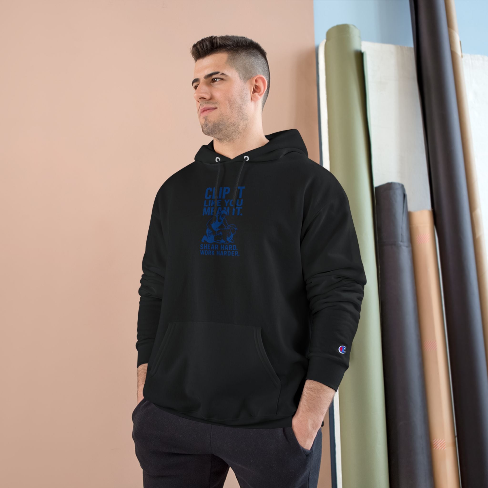 Champion Hoodie — "Clip It Like You Mean It" Shear Hard Work Hard Graphic Hoodie