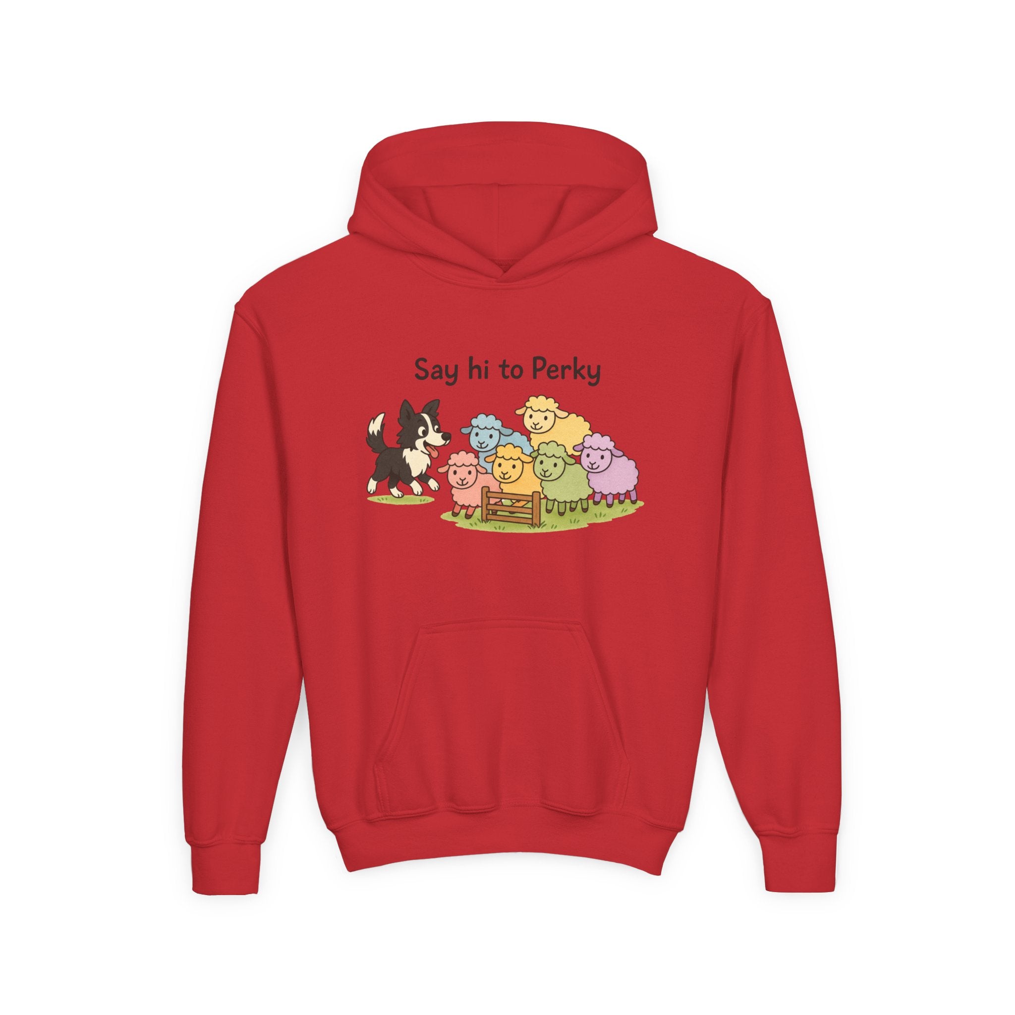 Youth Hoodie — "Say Hi to Perky" Cute Cartoon Sheep & Dog Kids Hooded Sweatshirt