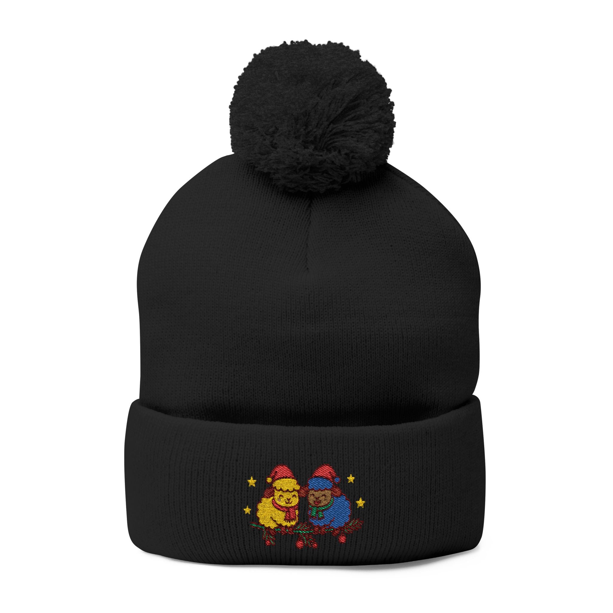 Embroidered Winter Pom-Pom Beanie — Cute Chick Couple Design