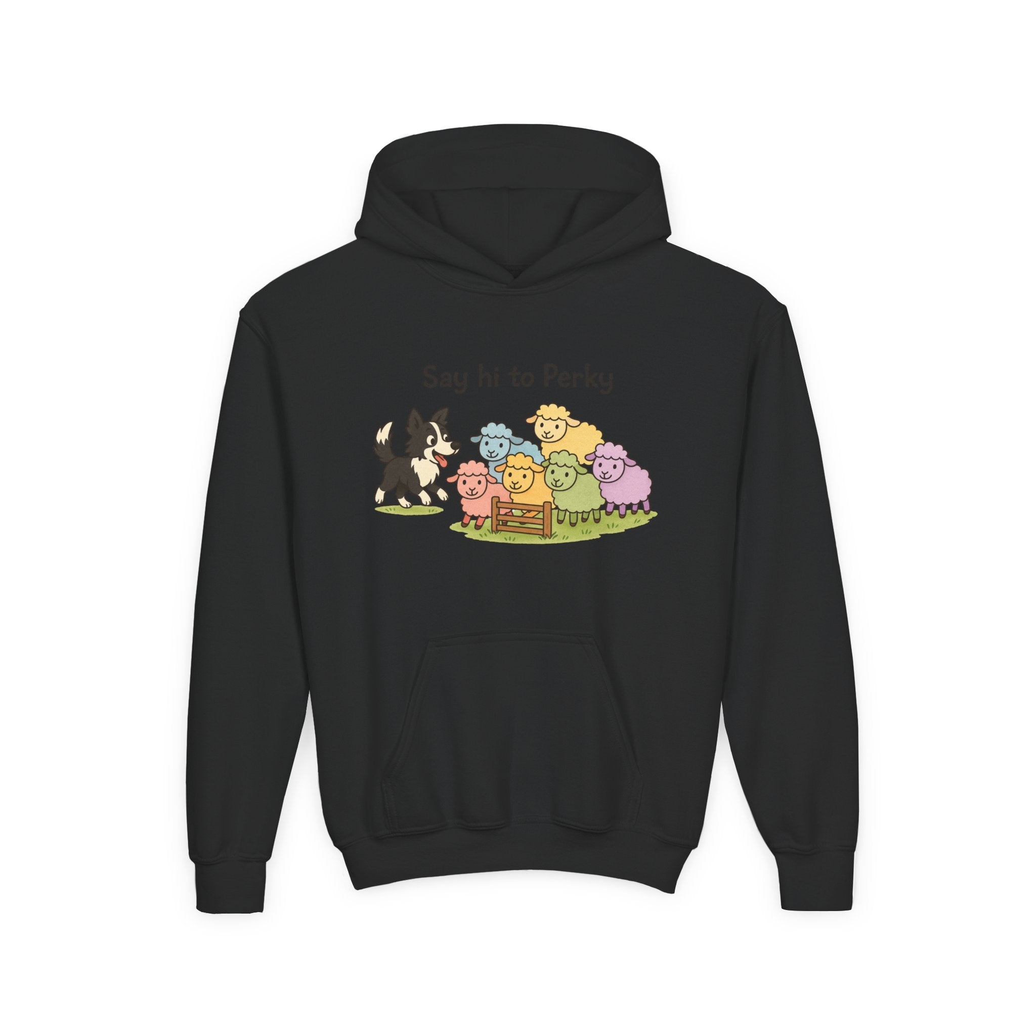 Youth Hoodie — "Say Hi to Perky" Cute Cartoon Sheep & Dog Kids Hooded Sweatshirt