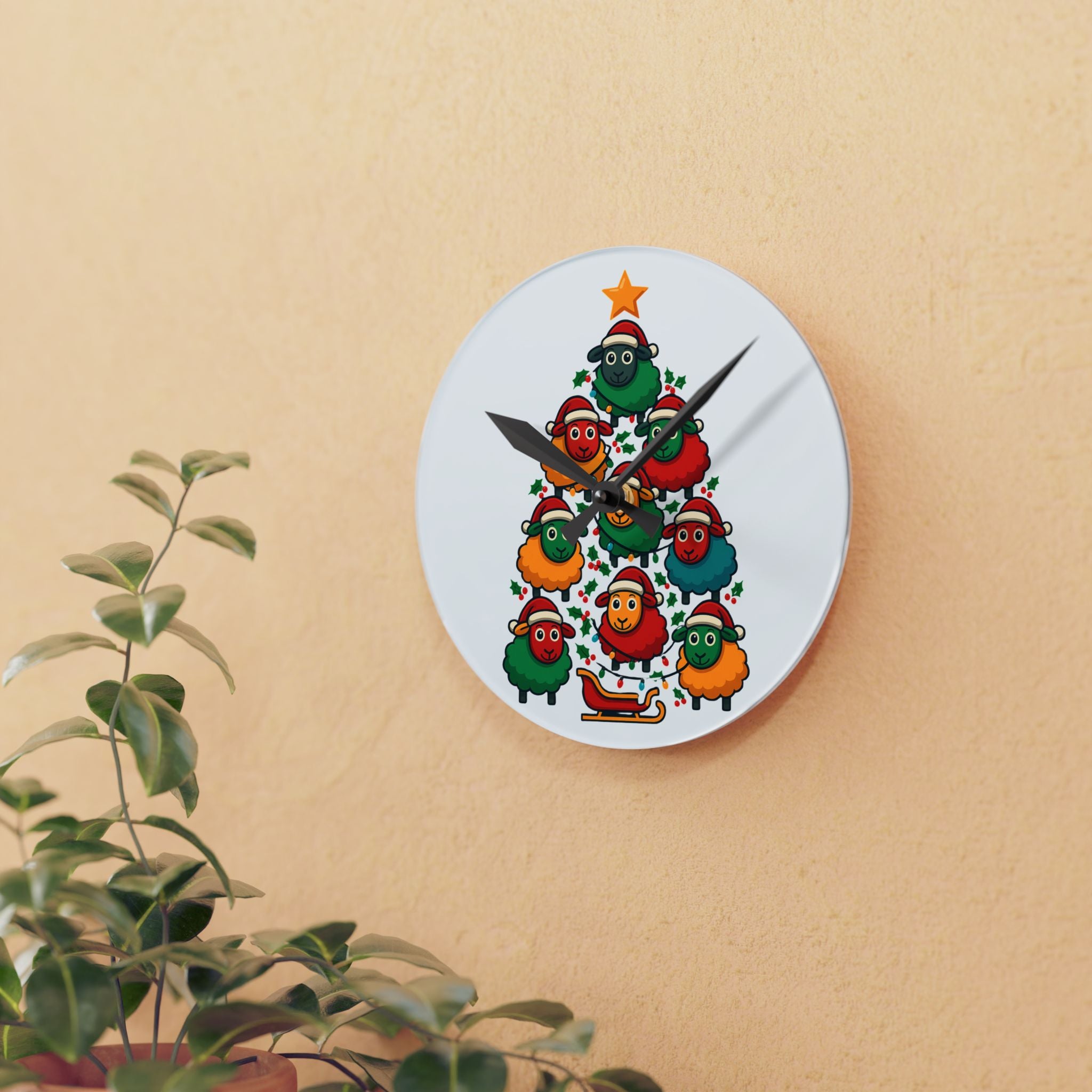 Christmas Sheep Tree Acrylic Wall Clock — Cute Holiday Farm Animal Decor