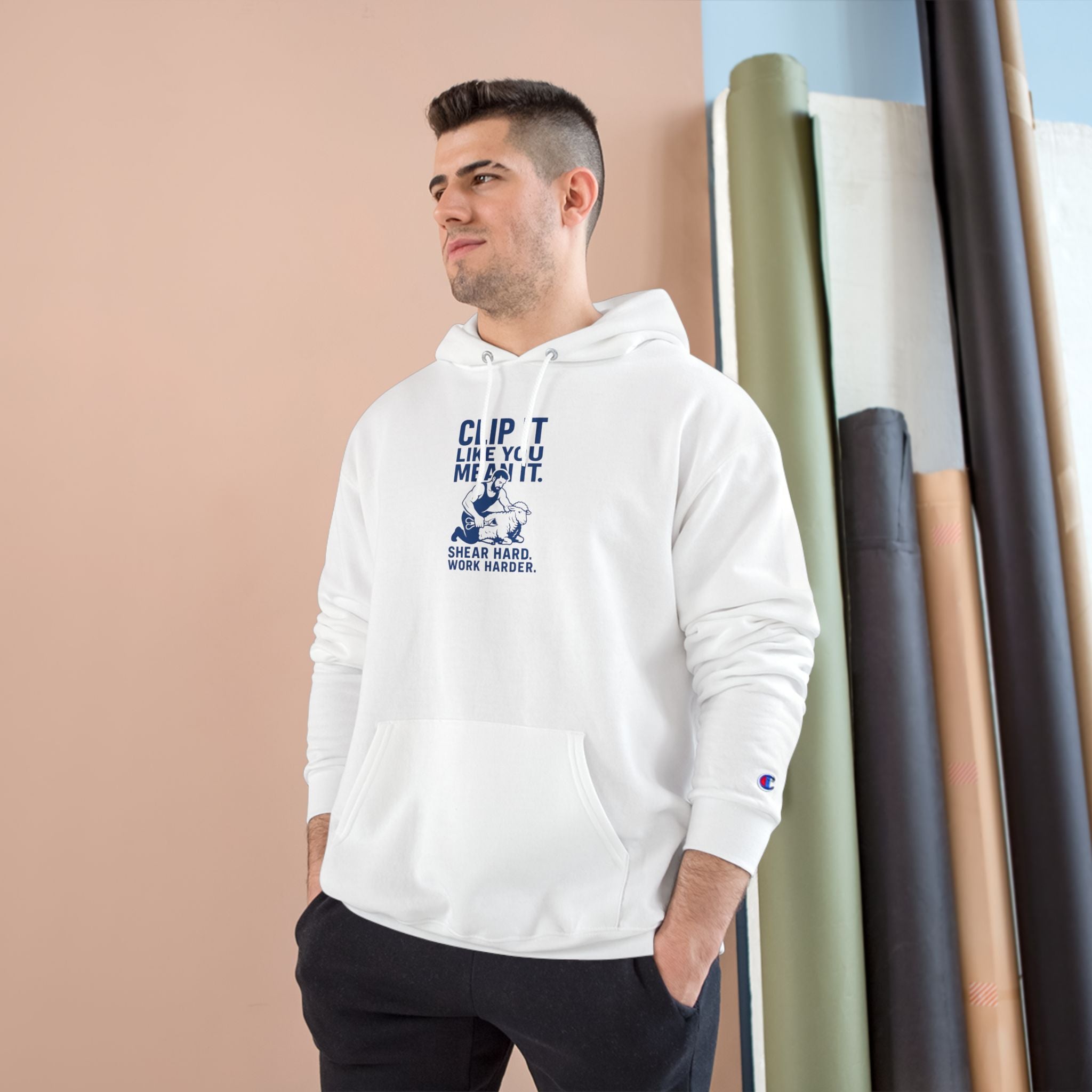 Champion Hoodie — "Clip It Like You Mean It" Shear Hard Work Hard Graphic Hoodie