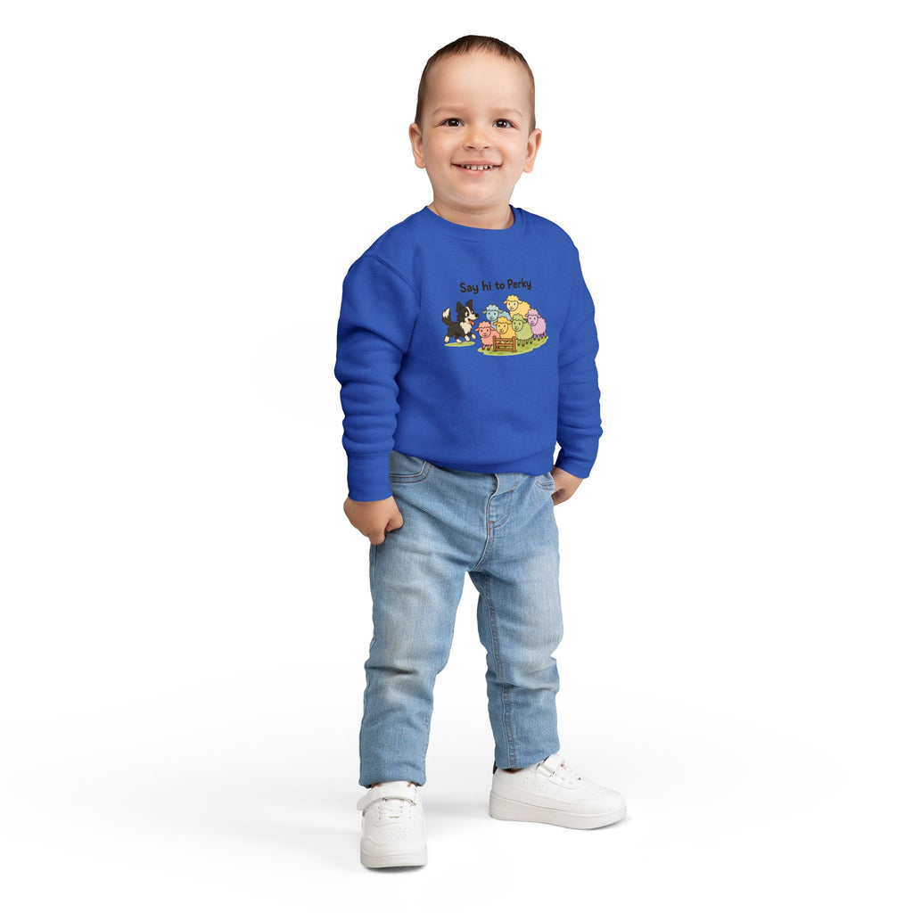 Say Hi to Perky Toddler Sweatshirt — Cute Sheep & Border Collie Kids Pullover