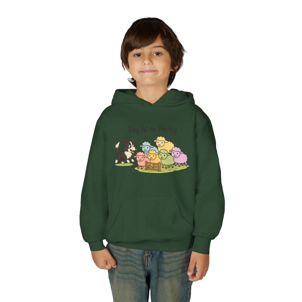 Youth Hoodie — "Say Hi to Perky" Cute Cartoon Sheep & Dog Kids Hooded Sweatshirt