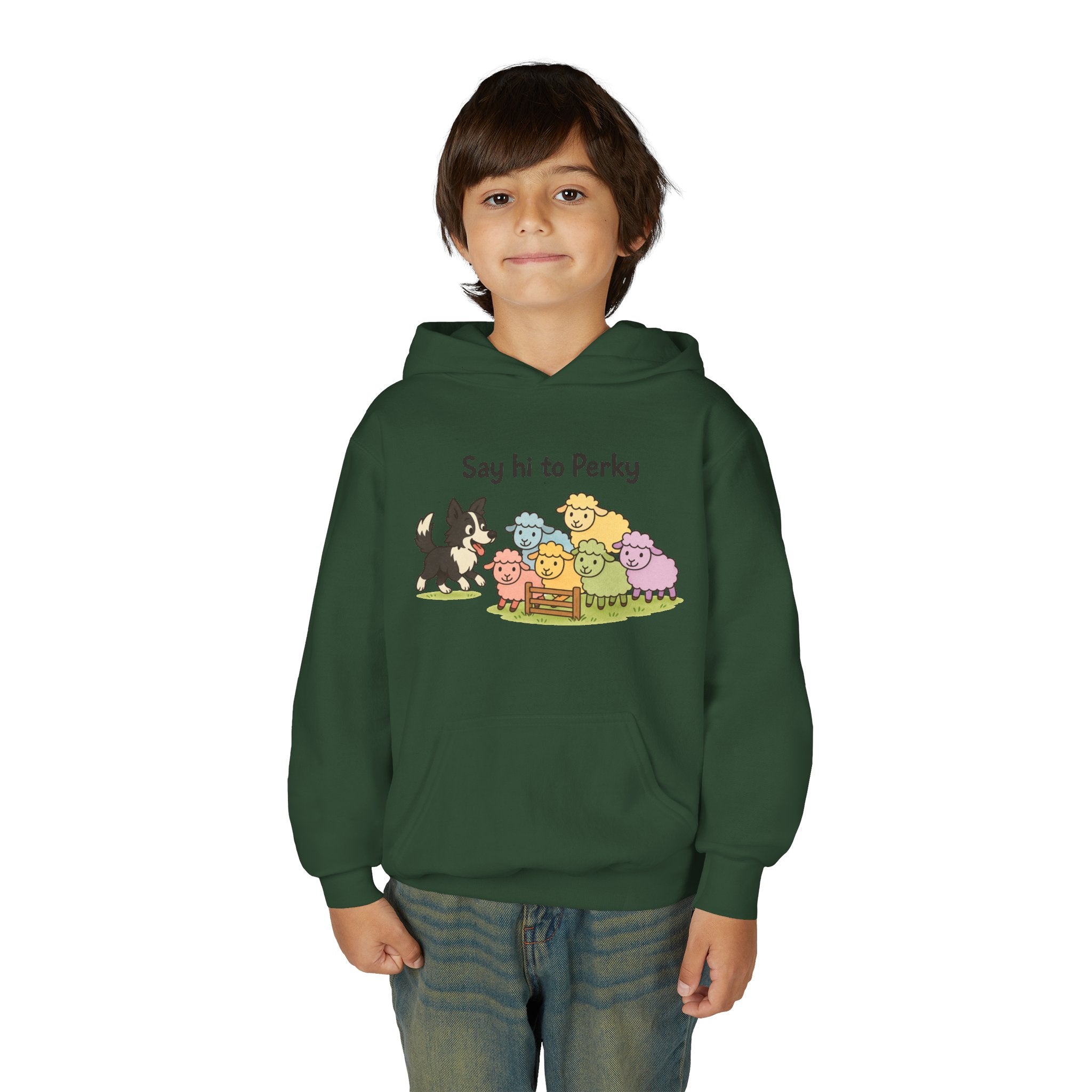Youth Hoodie — "Say Hi to Perky" Cute Cartoon Sheep & Dog Kids Hooded Sweatshirt