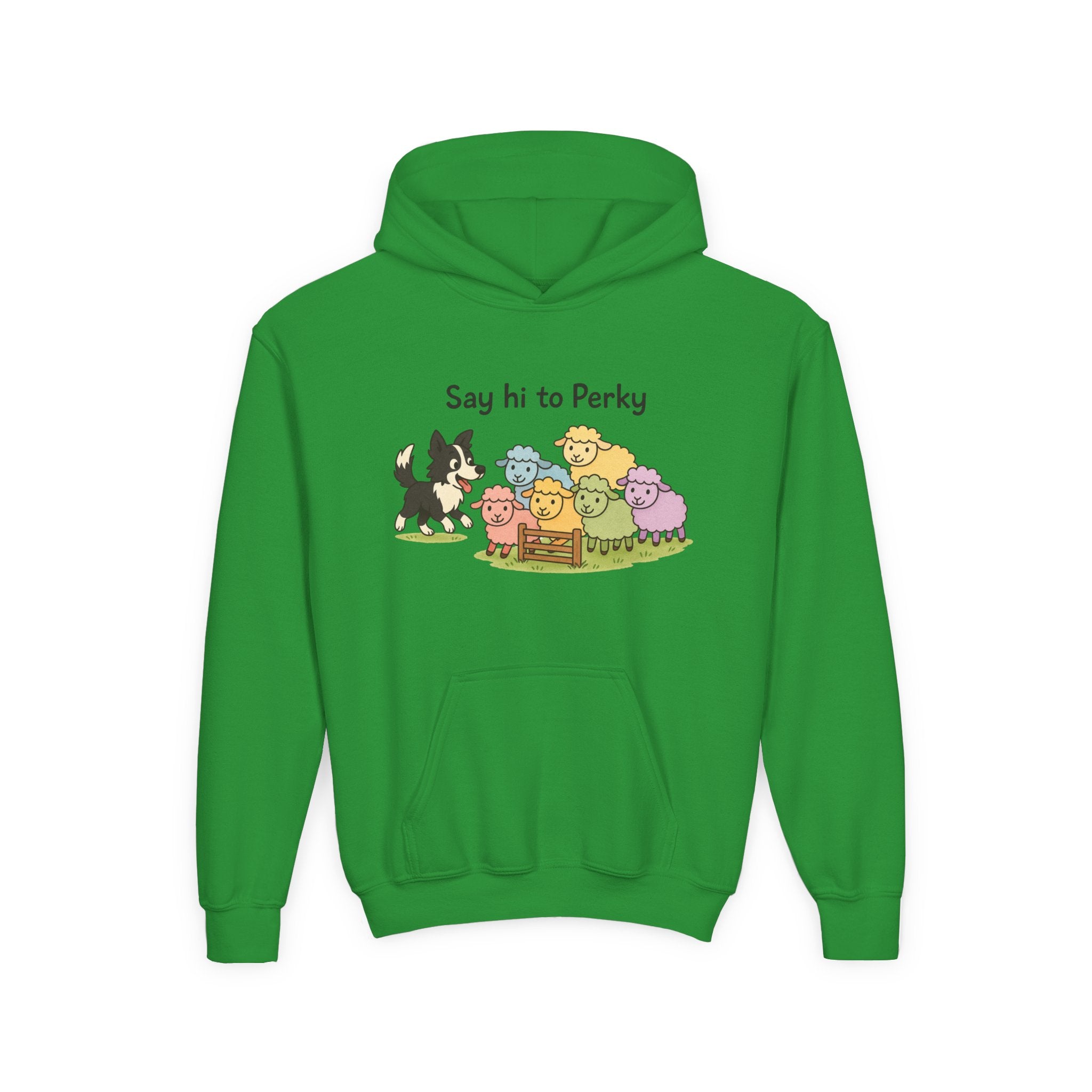 Youth Hoodie — "Say Hi to Perky" Cute Cartoon Sheep & Dog Kids Hooded Sweatshirt