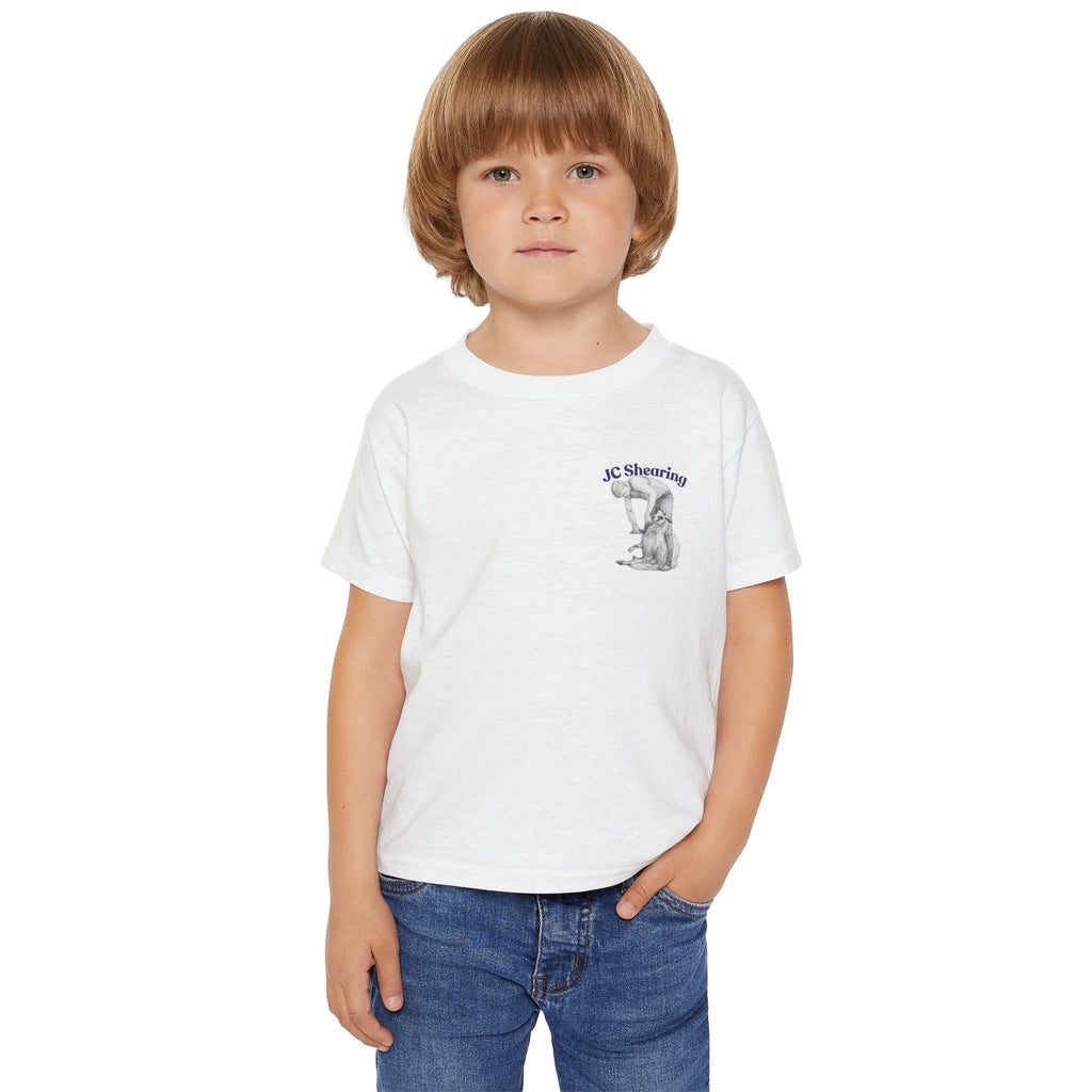 Toddler T-Shirt — Cute Sheep & Dog Cartoon with 'What kind of cars do sheep drive? Lamborghinis!' Back Print