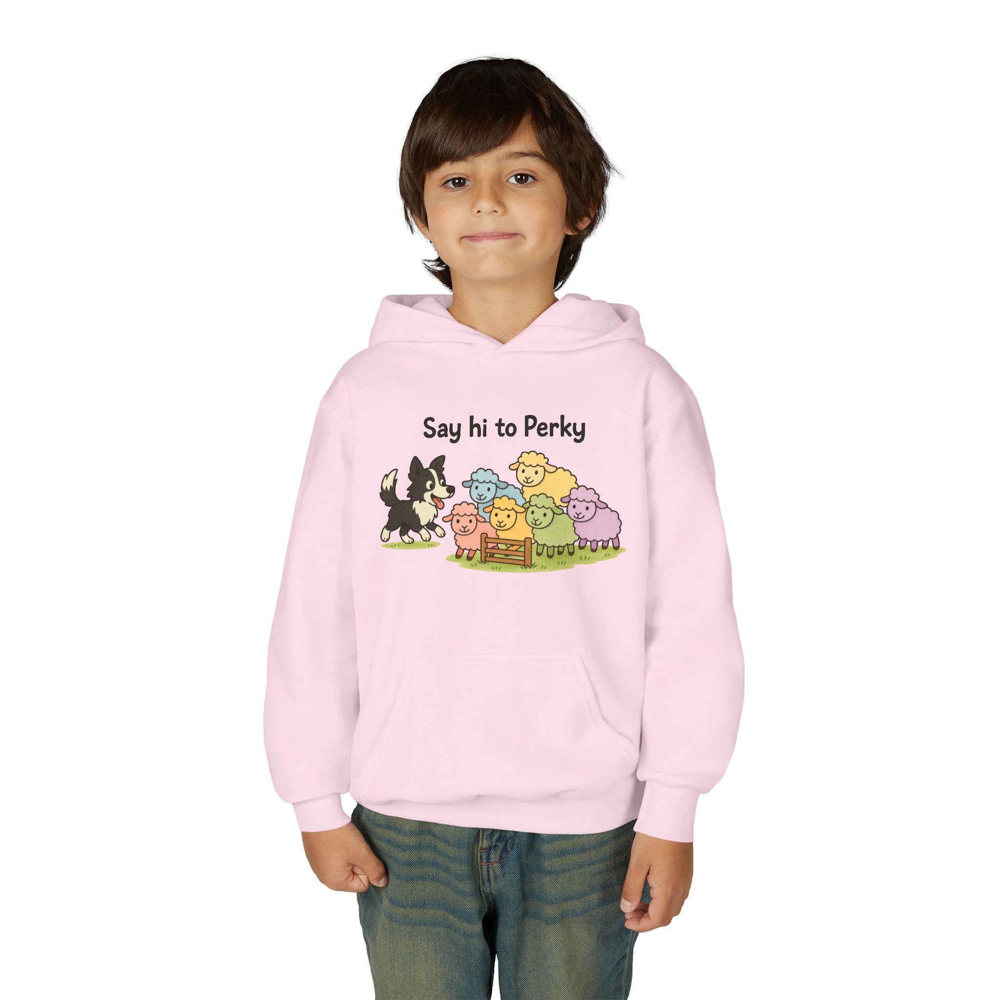 Youth Hoodie — "Say Hi to Perky" Cute Cartoon Sheep & Dog Kids Hooded Sweatshirt