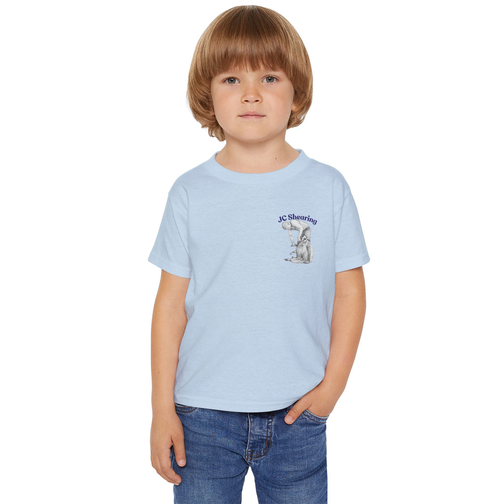 Toddler T-Shirt — Cute Sheep & Dog Cartoon with 'What kind of cars do sheep drive? Lamborghinis!' Back Print