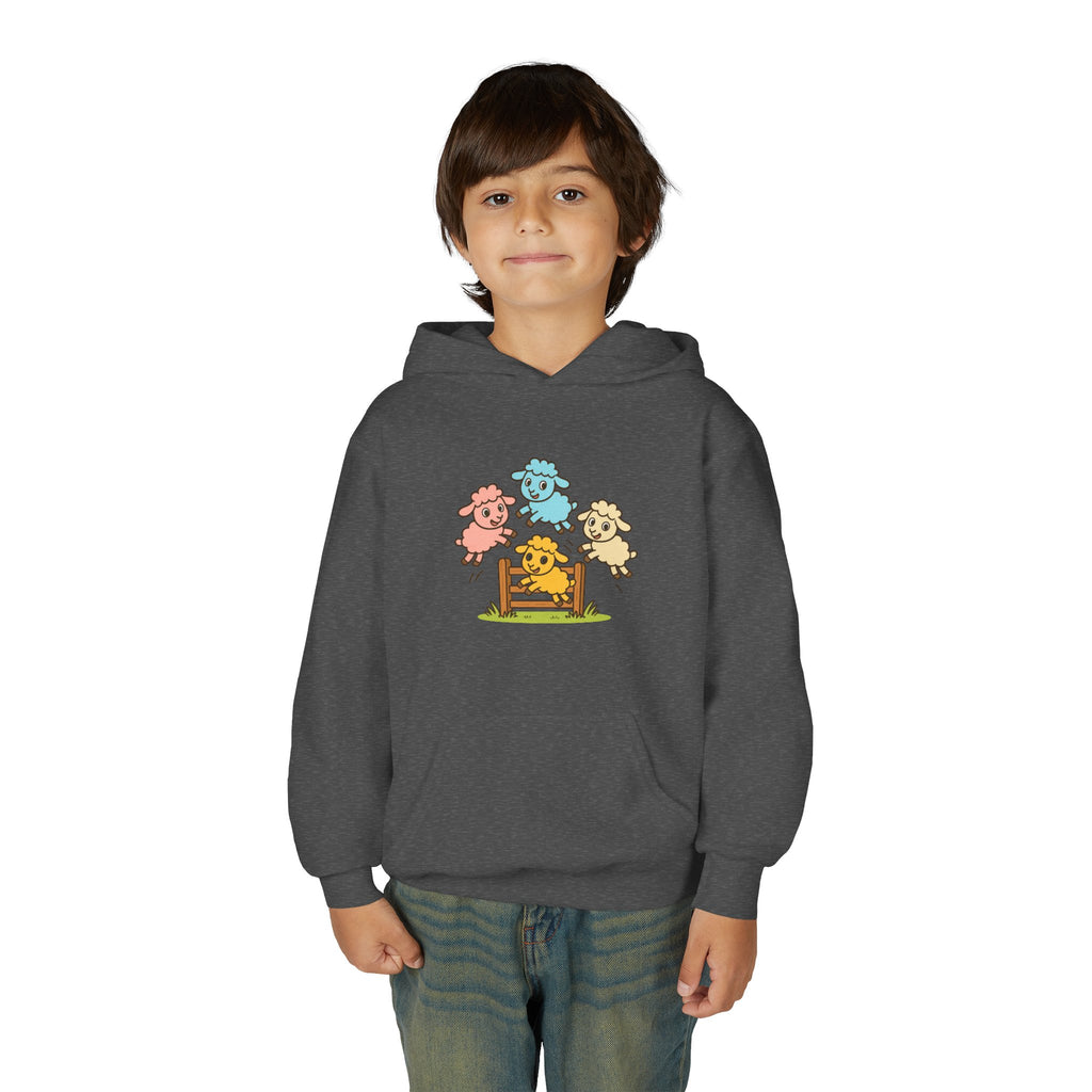 Kids Sheep Hoodie — Colorful Jumping Lambs Graphic Youth Hooded Sweatshirt