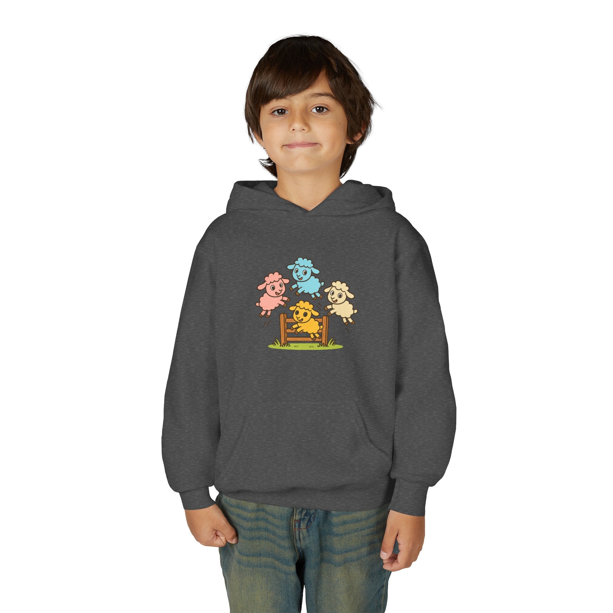 Kids Sheep Hoodie — Colorful Jumping Lambs Graphic Youth Hooded Sweatshirt