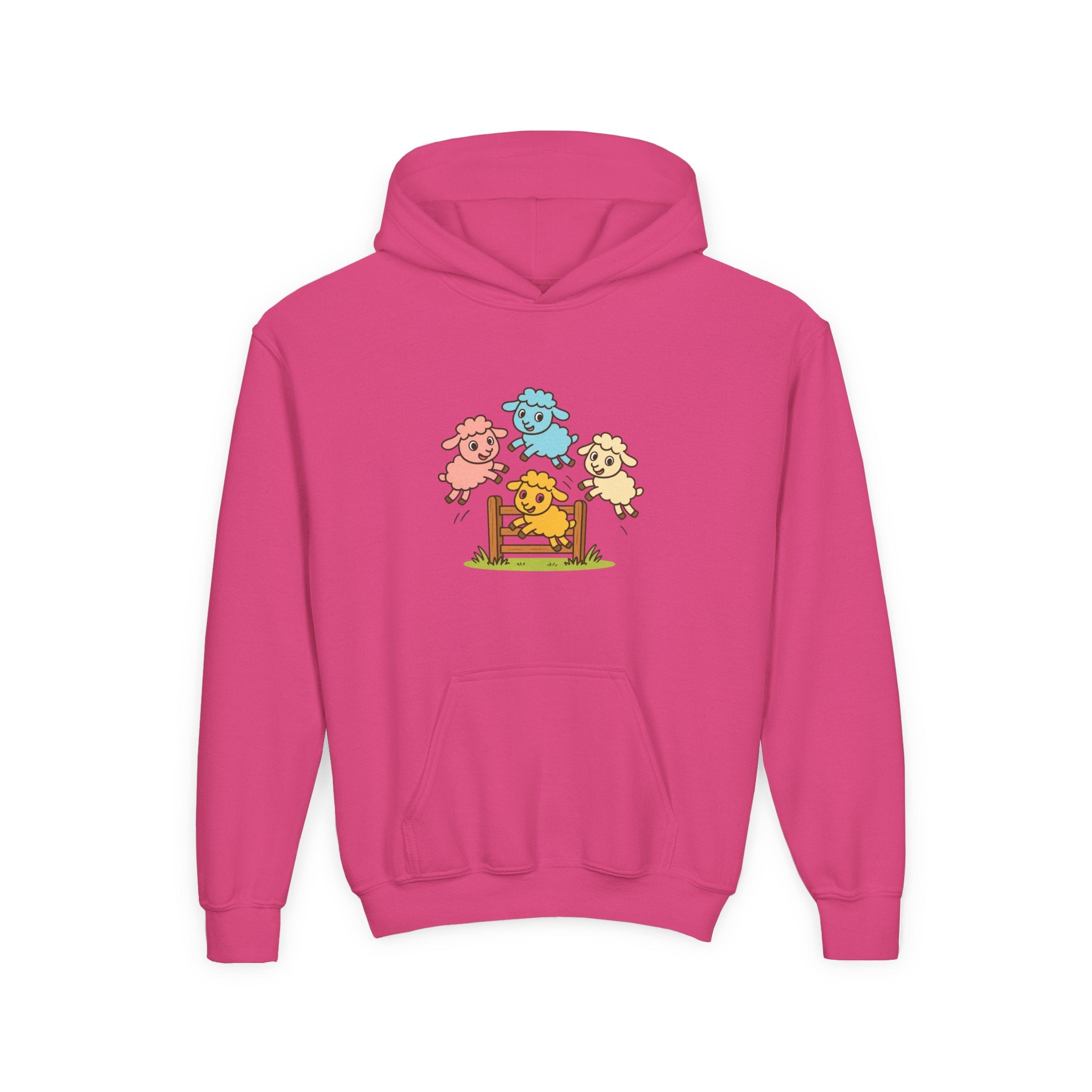 Kids Sheep Hoodie — Colorful Jumping Lambs Graphic Youth Hooded Sweatshirt