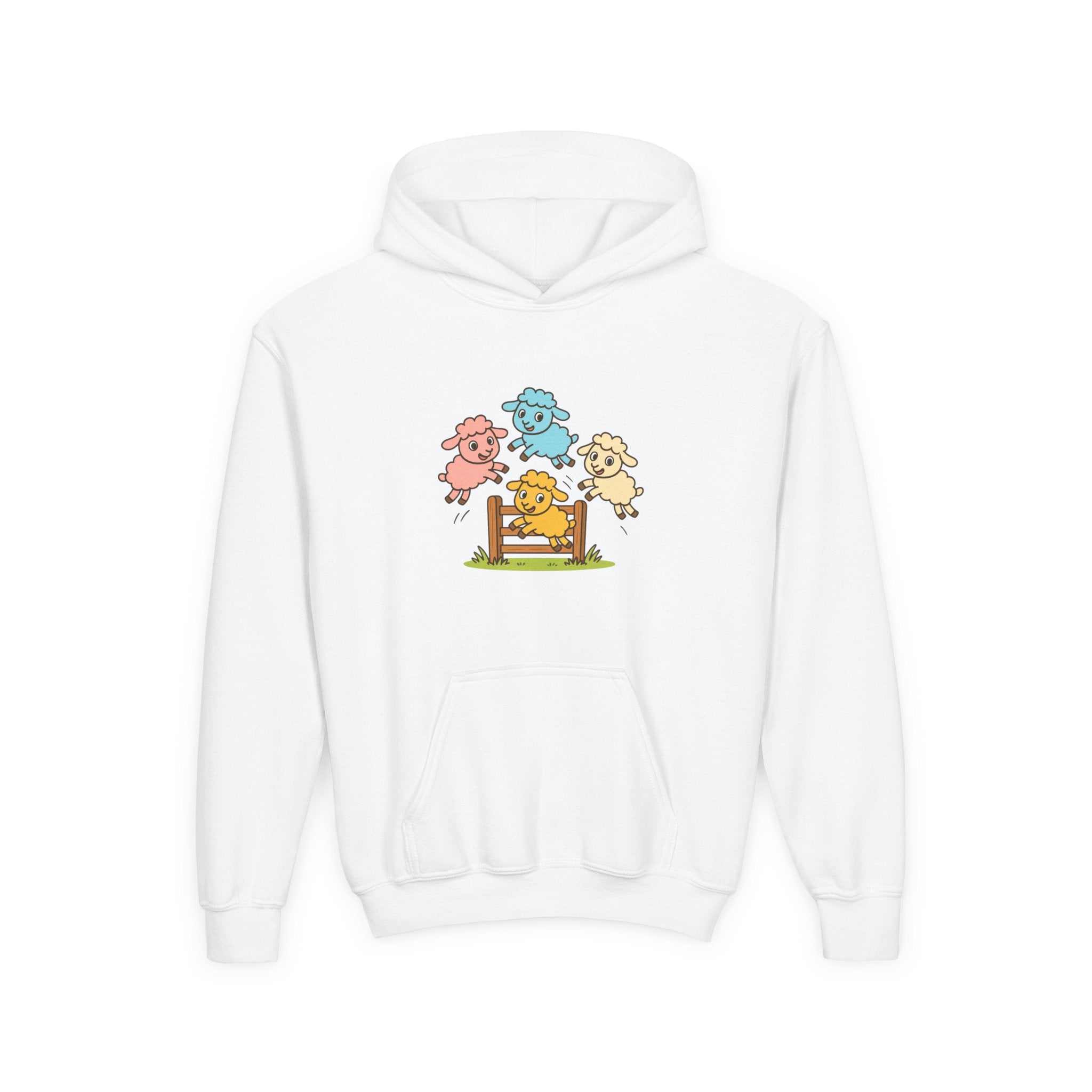 Kids Sheep Hoodie — Colorful Jumping Lambs Graphic Youth Hooded Sweatshirt