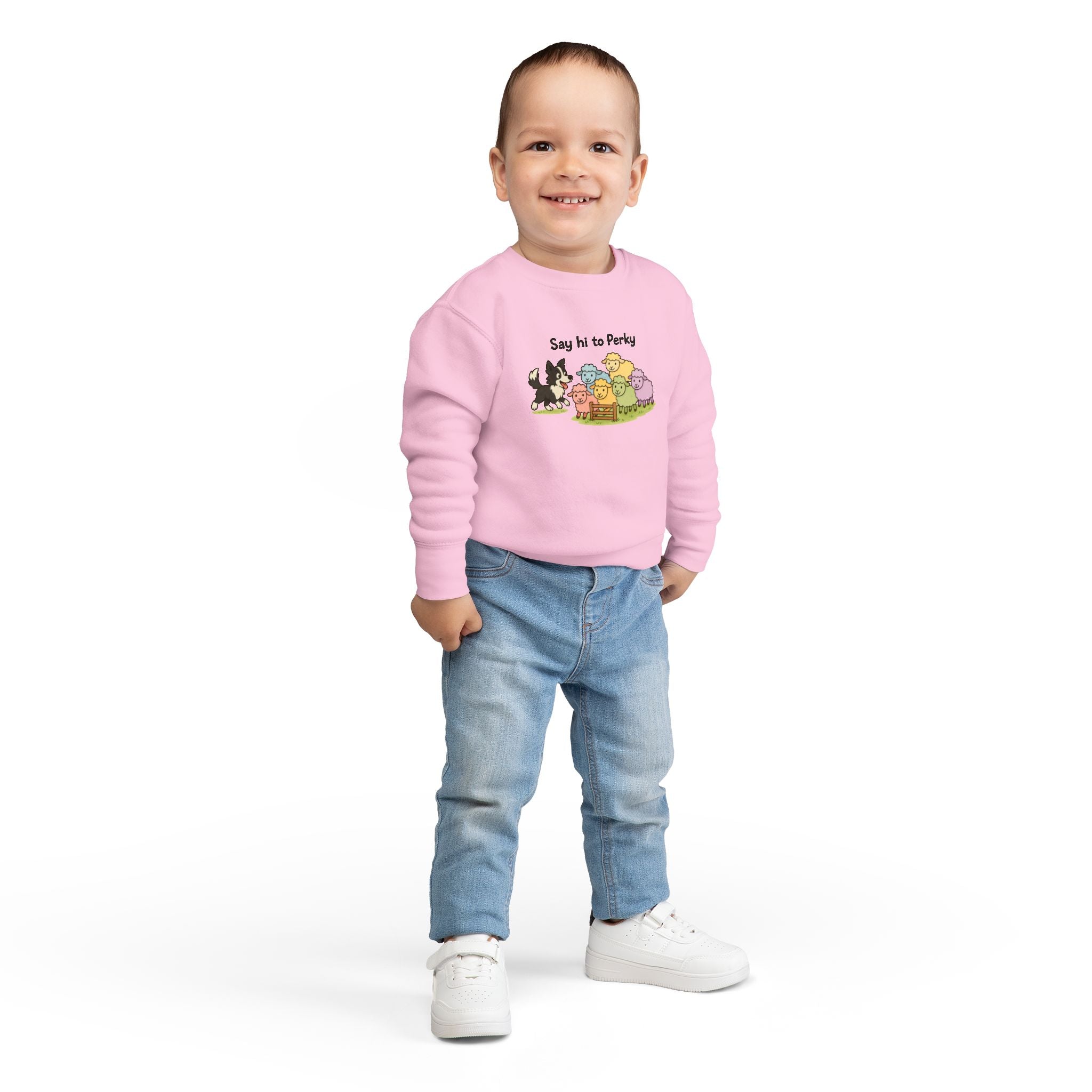 Say Hi to Perky Toddler Sweatshirt — Cute Sheep & Border Collie Kids Pullover