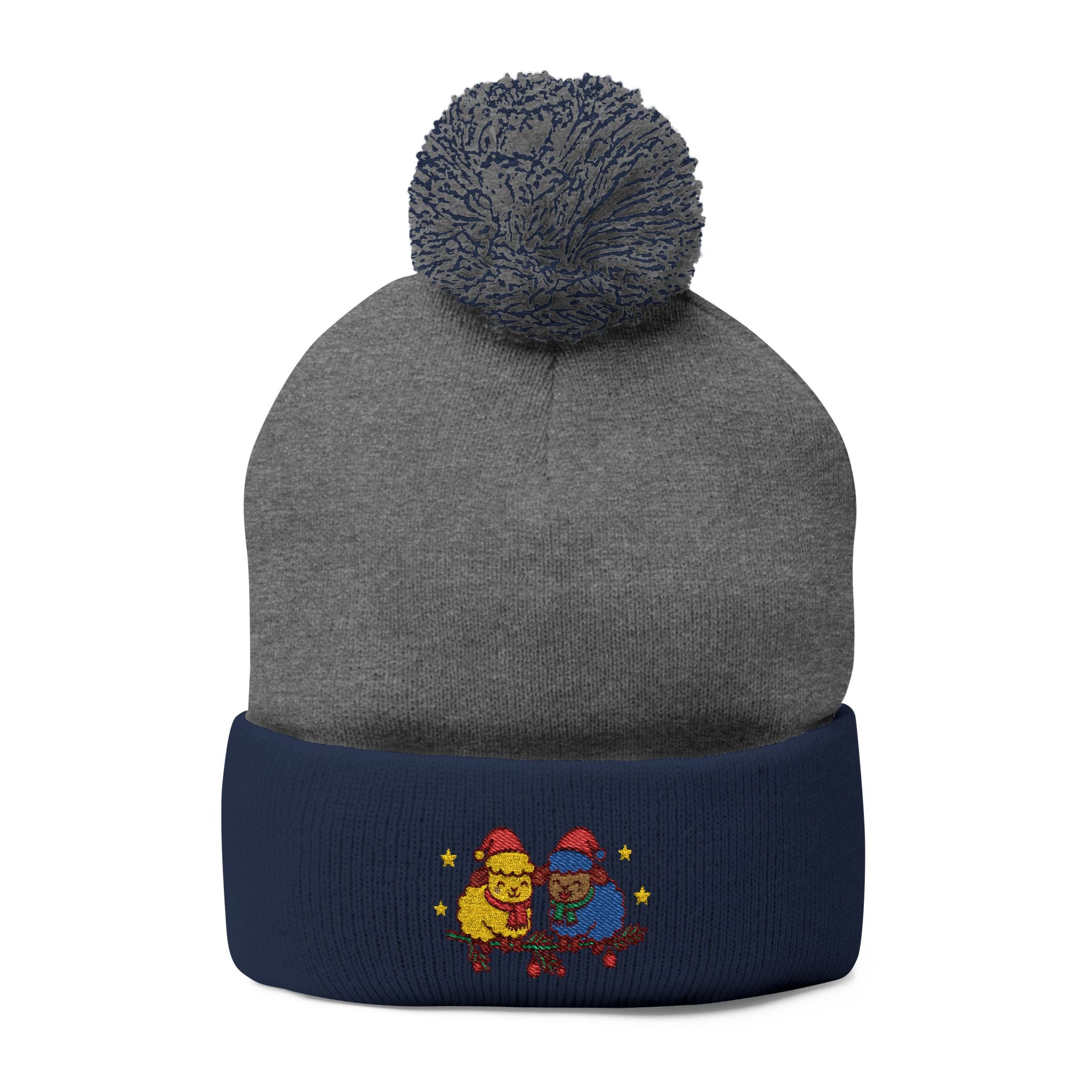 Embroidered Winter Pom-Pom Beanie — Cute Chick Couple Design
