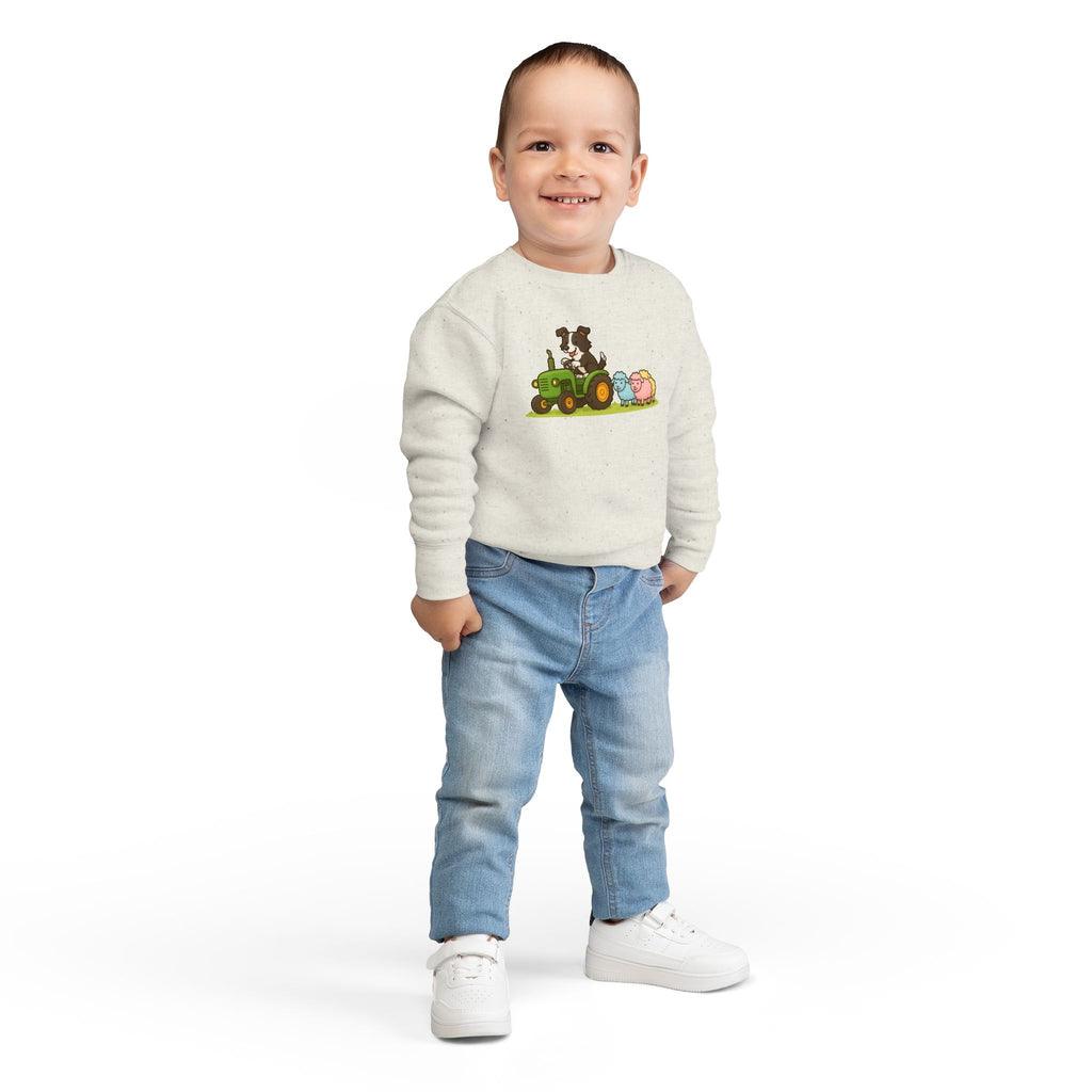 Toddler Sweatshirt — Cute Farm Tractor Crewneck with Puppy & Sheep Graphic