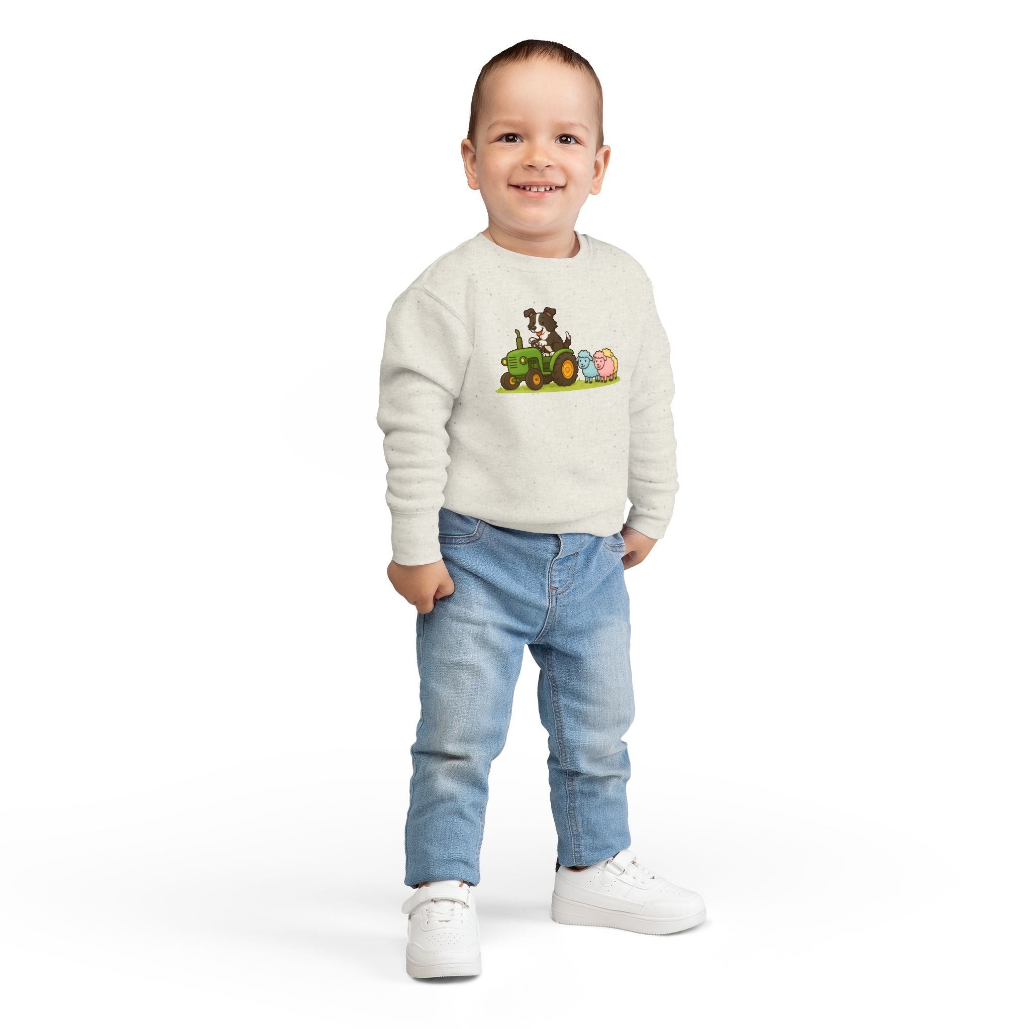 Toddler Sweatshirt — Cute Farm Tractor Crewneck with Puppy & Sheep Graphic