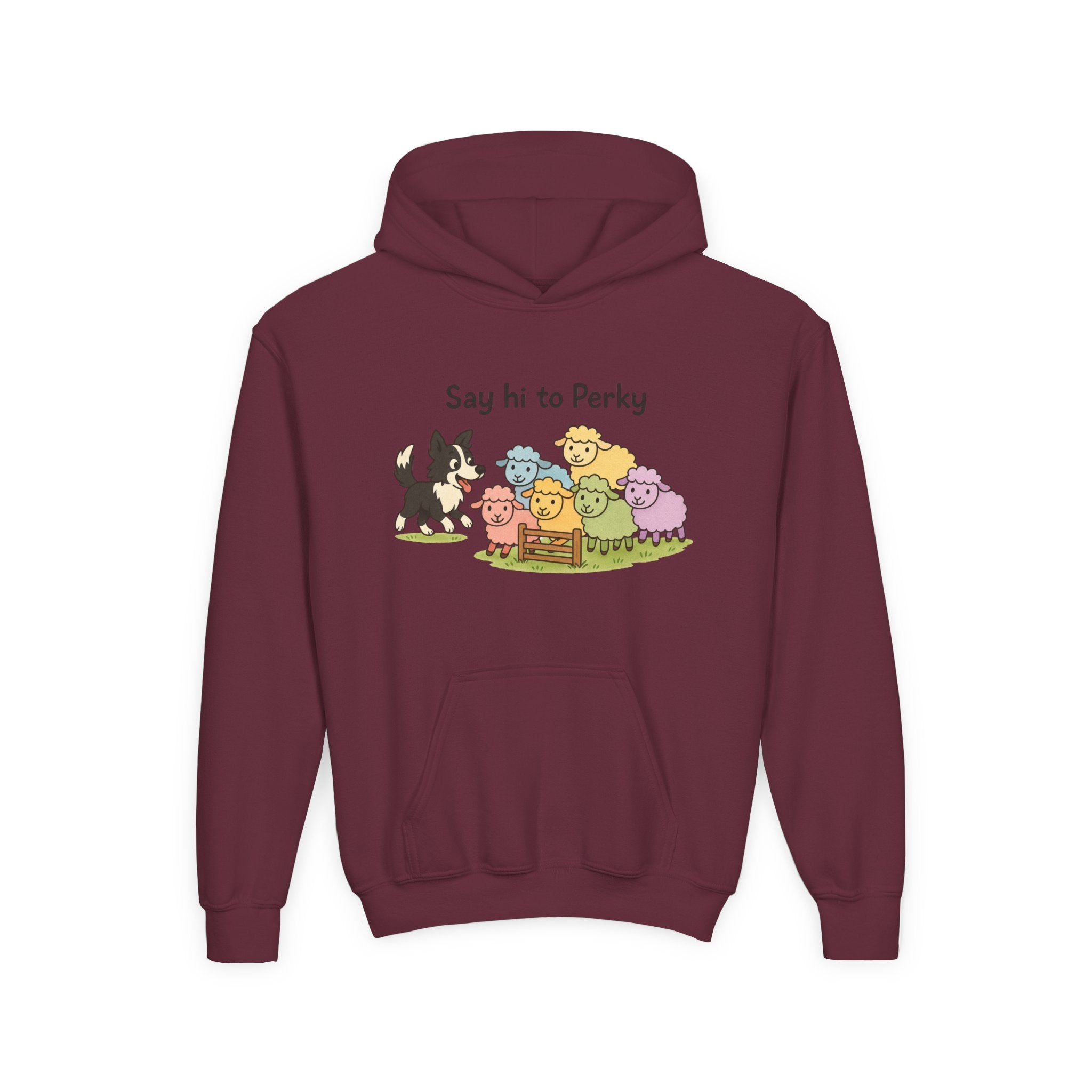 Youth Hoodie — "Say Hi to Perky" Cute Cartoon Sheep & Dog Kids Hooded Sweatshirt