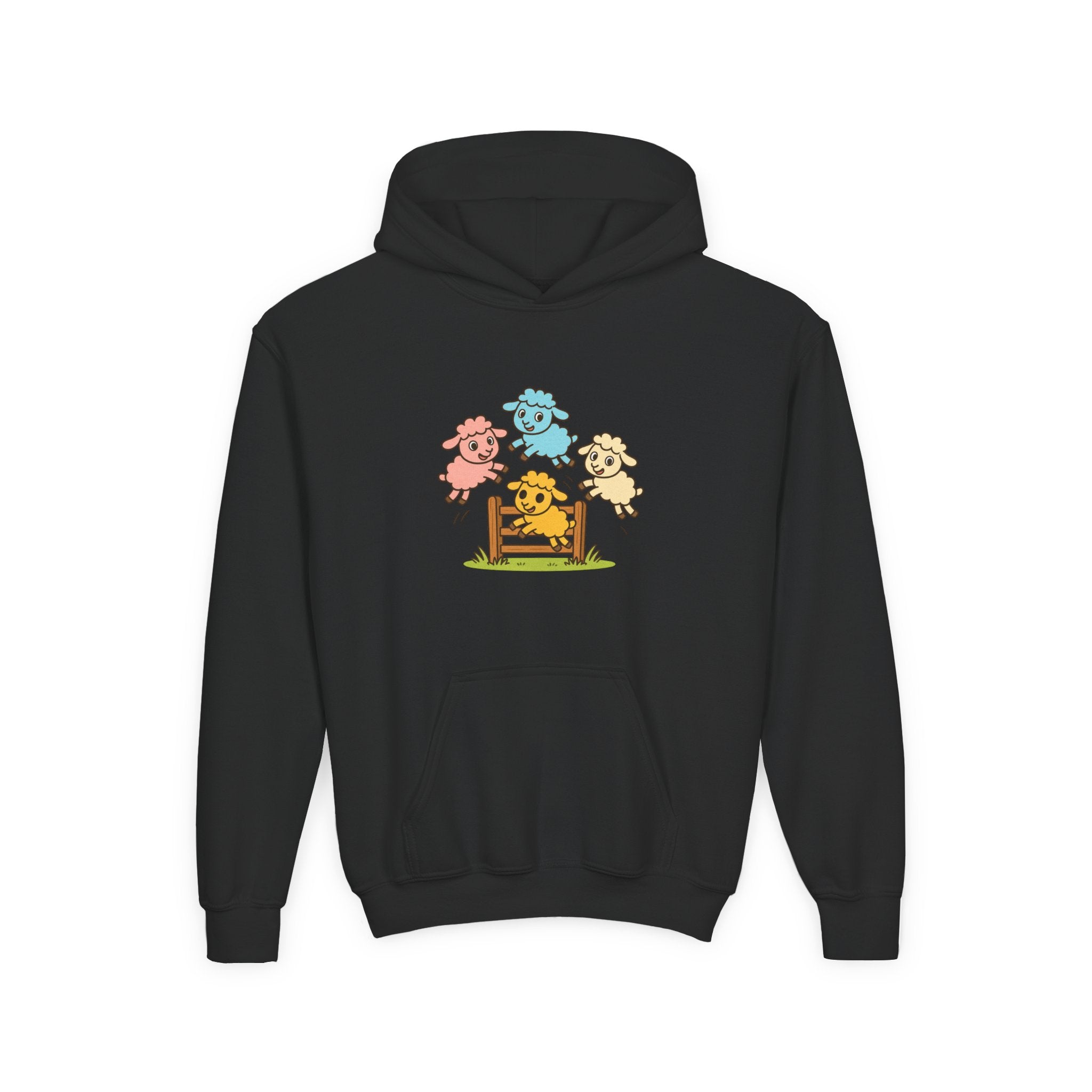 Kids Sheep Hoodie — Colorful Jumping Lambs Graphic Youth Hooded Sweatshirt