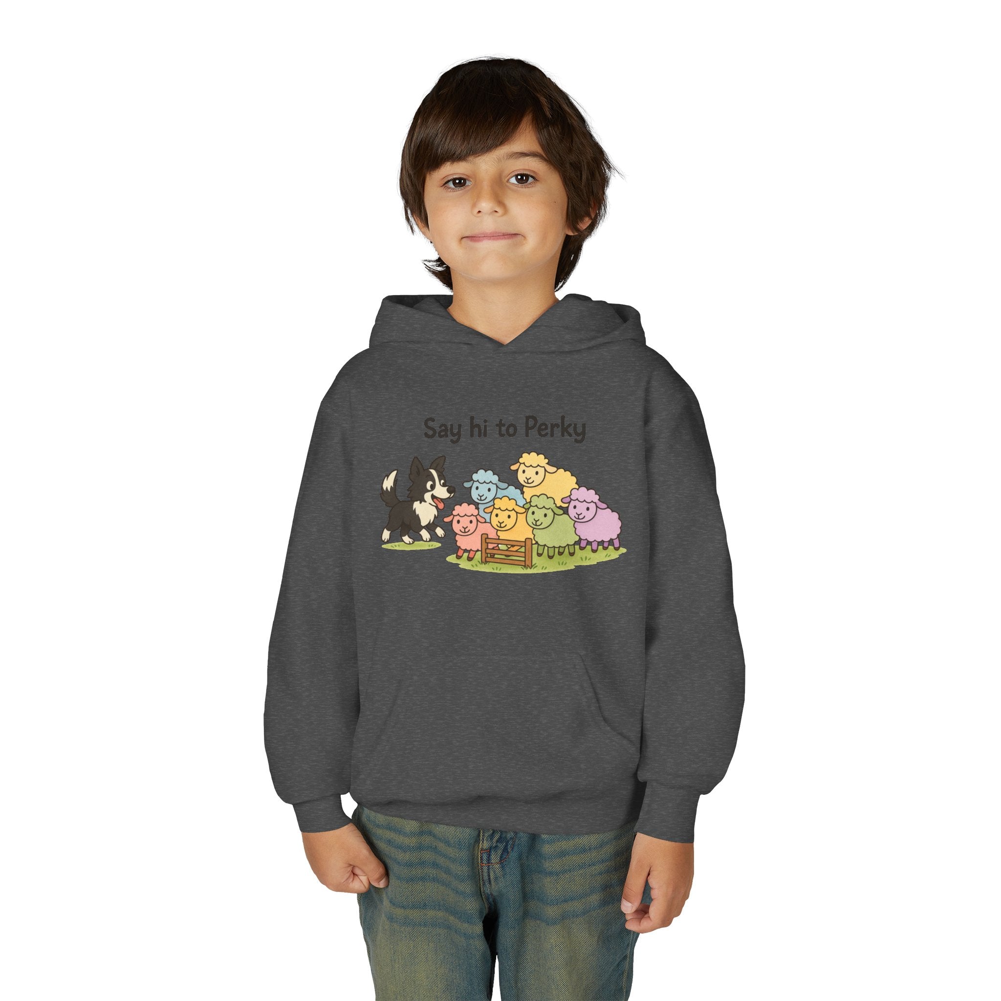 Youth Hoodie — "Say Hi to Perky" Cute Cartoon Sheep & Dog Kids Hooded Sweatshirt
