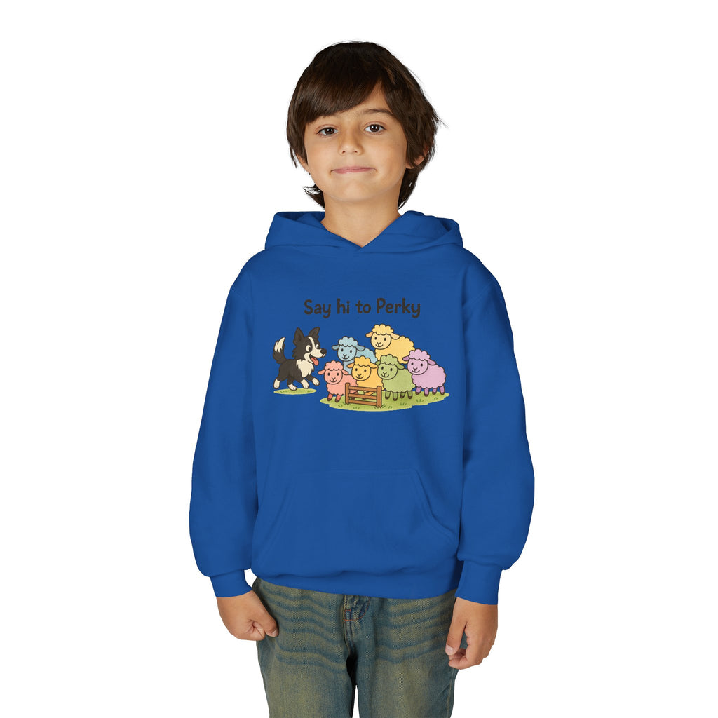 Youth Hoodie — "Say Hi to Perky" Cute Cartoon Sheep & Dog Kids Hooded Sweatshirt