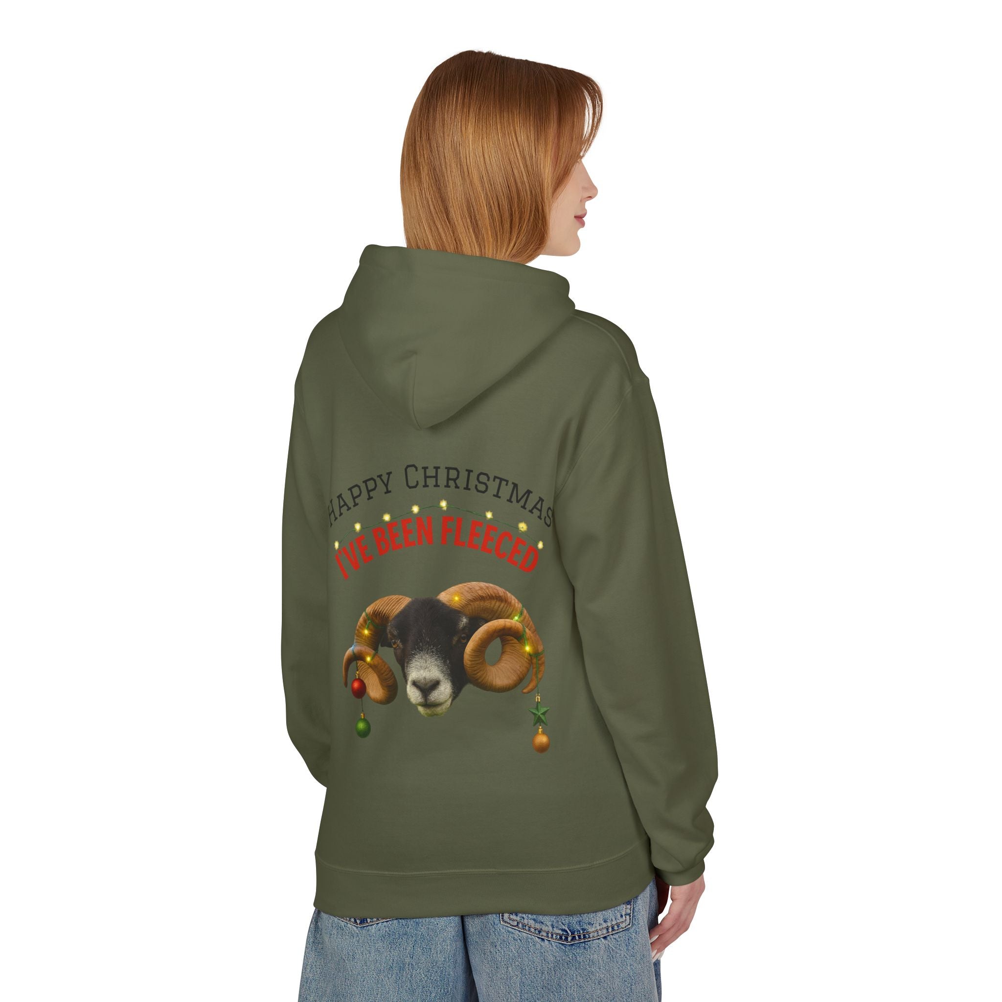 Christmas Ram Hoodie — "Happy Christmas I've Been Fleeced" Holiday Sweatshirt