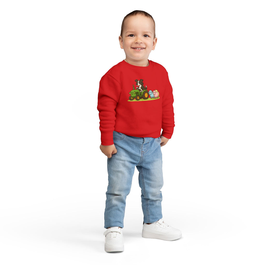 Toddler Sweatshirt — Cute Farm Tractor Crewneck with Puppy & Sheep Graphic