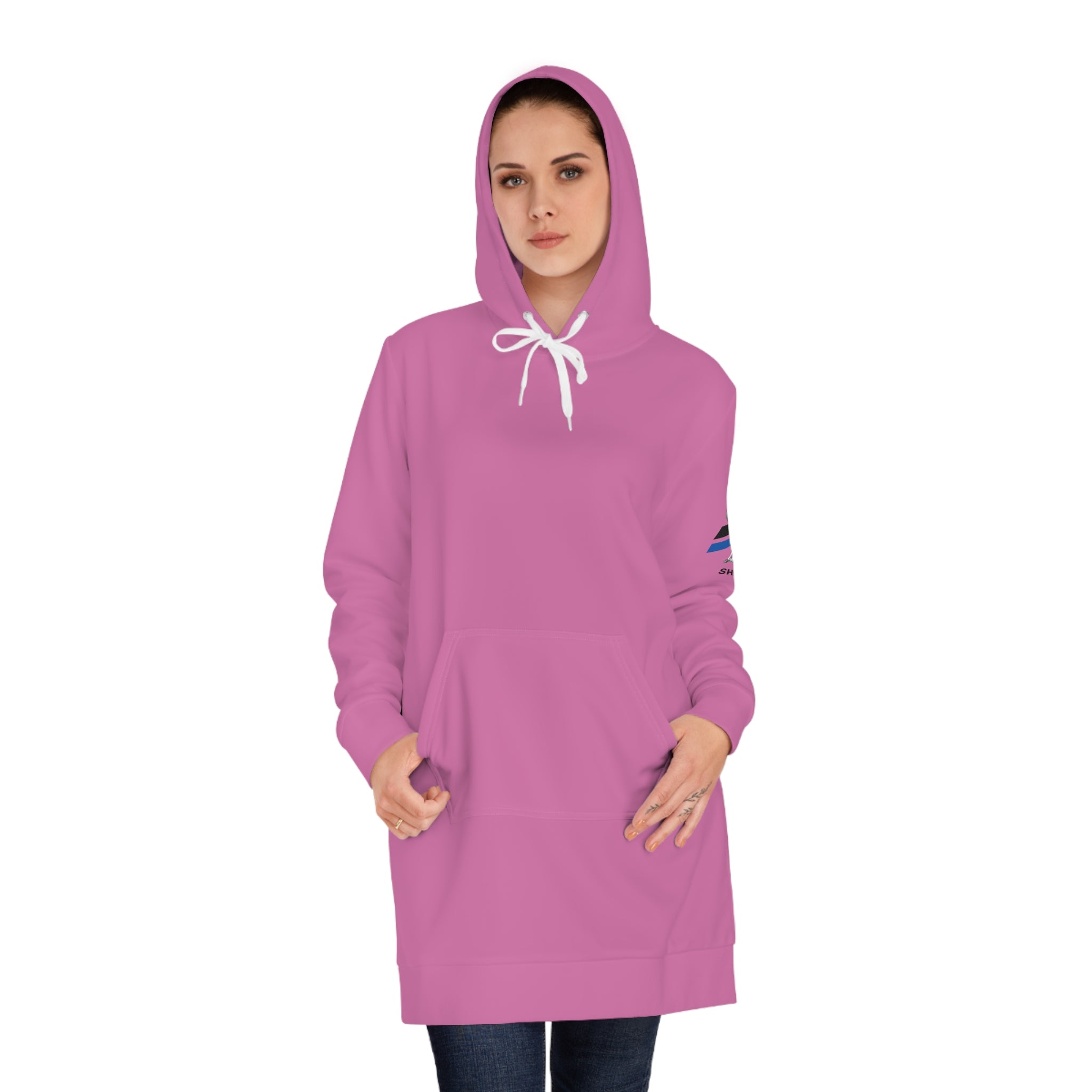 Pink Floral Women's Hoodie Dress – Cozy Long Hooded Sweatshirt Dress with Sleeve Flower Accent