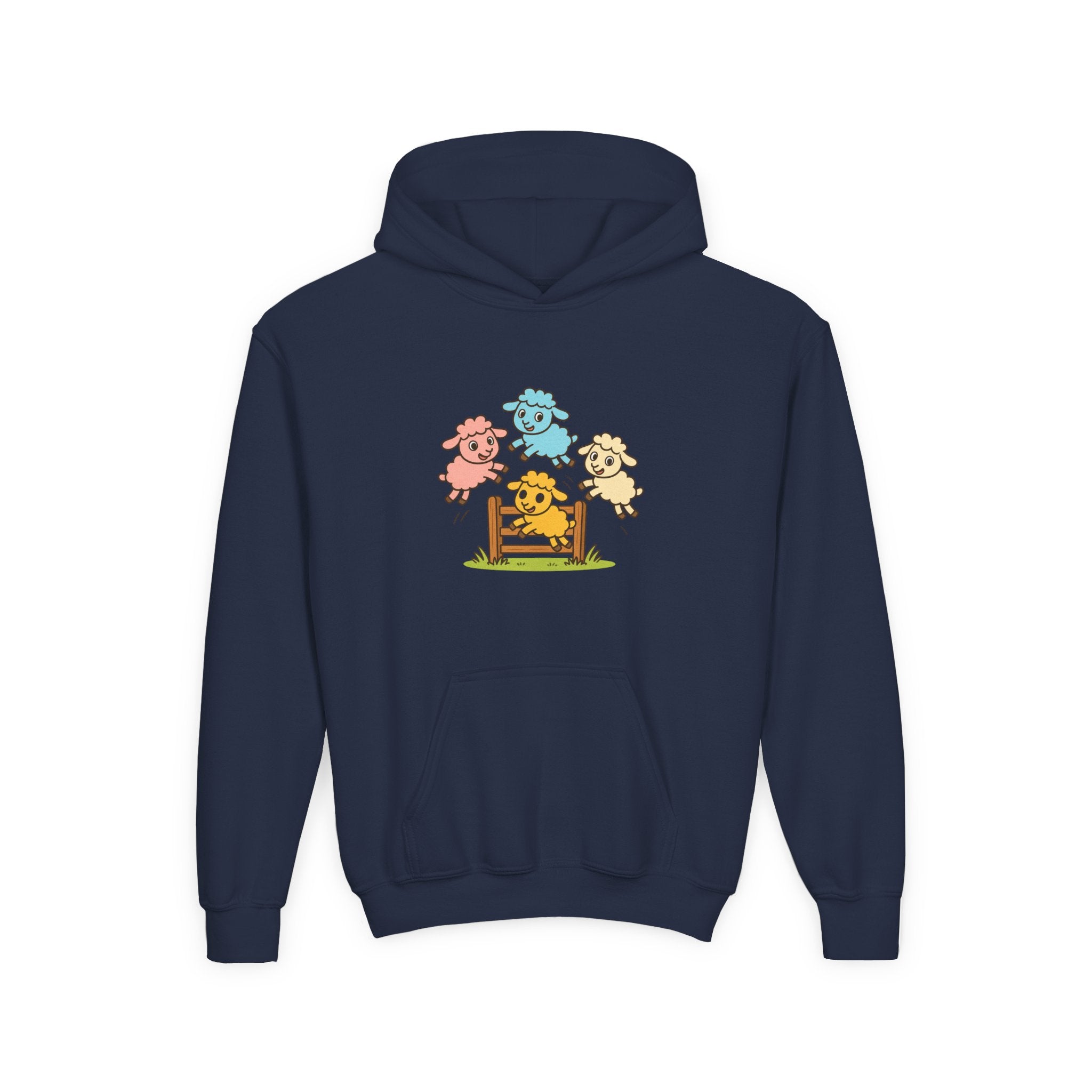 Kids Sheep Hoodie — Colorful Jumping Lambs Graphic Youth Hooded Sweatshirt