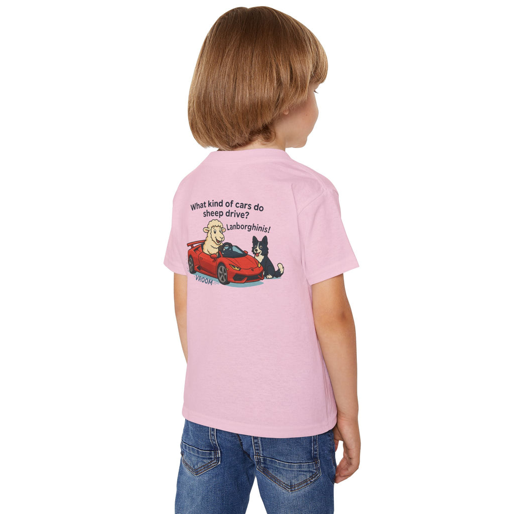Toddler T-Shirt — Cute Sheep & Dog Cartoon with 'What kind of cars do sheep drive? Lamborghinis!' Back Print