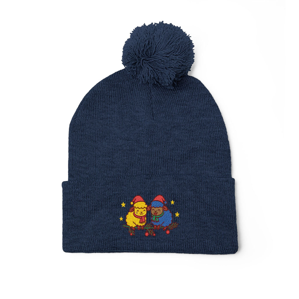 Embroidered Winter Pom-Pom Beanie — Cute Chick Couple Design
