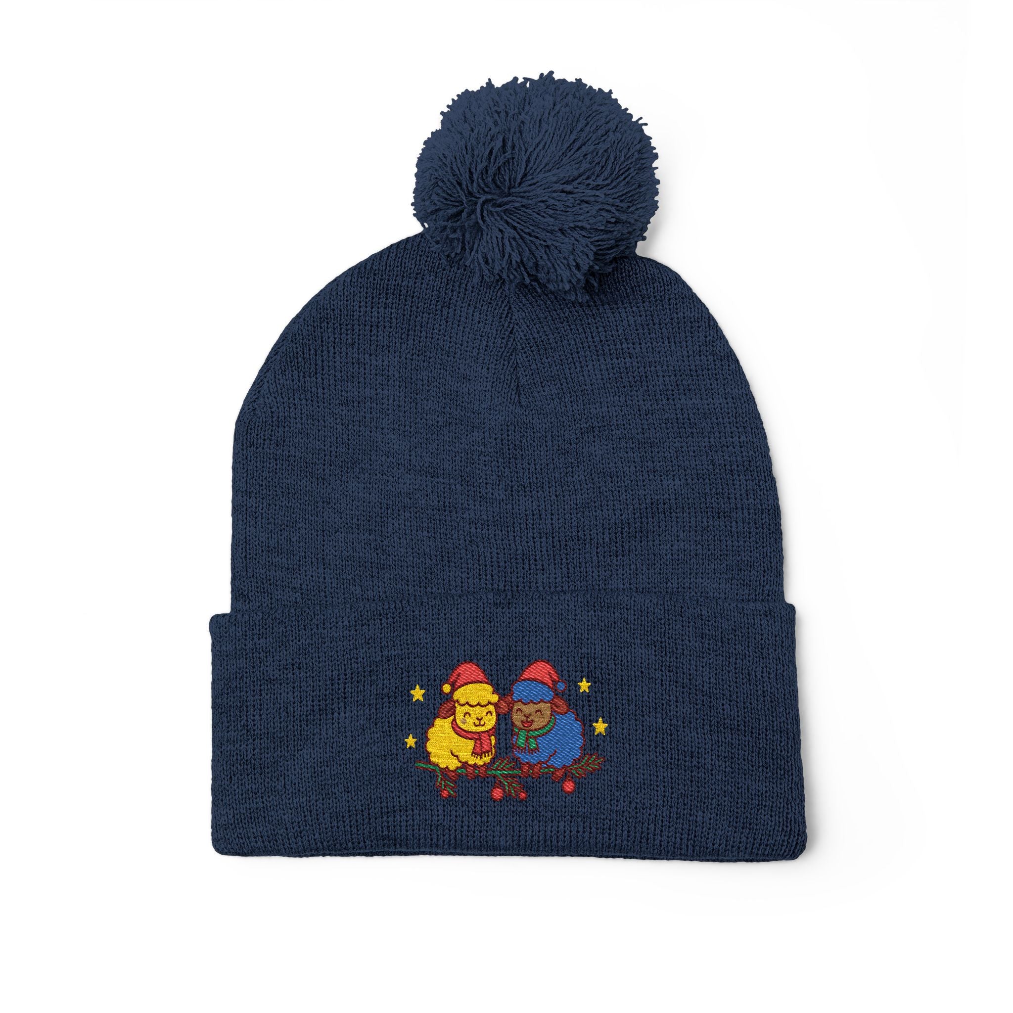 Embroidered Winter Pom-Pom Beanie — Cute Chick Couple Design