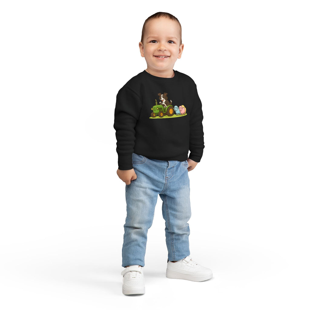 Toddler Sweatshirt — Cute Farm Tractor Crewneck with Puppy & Sheep Graphic