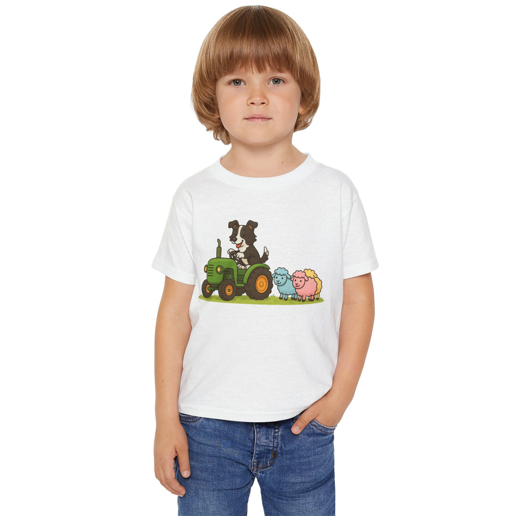 Toddler T-Shirt — Cartoon Farm Tractor with Border Collie & Sheep Friends
