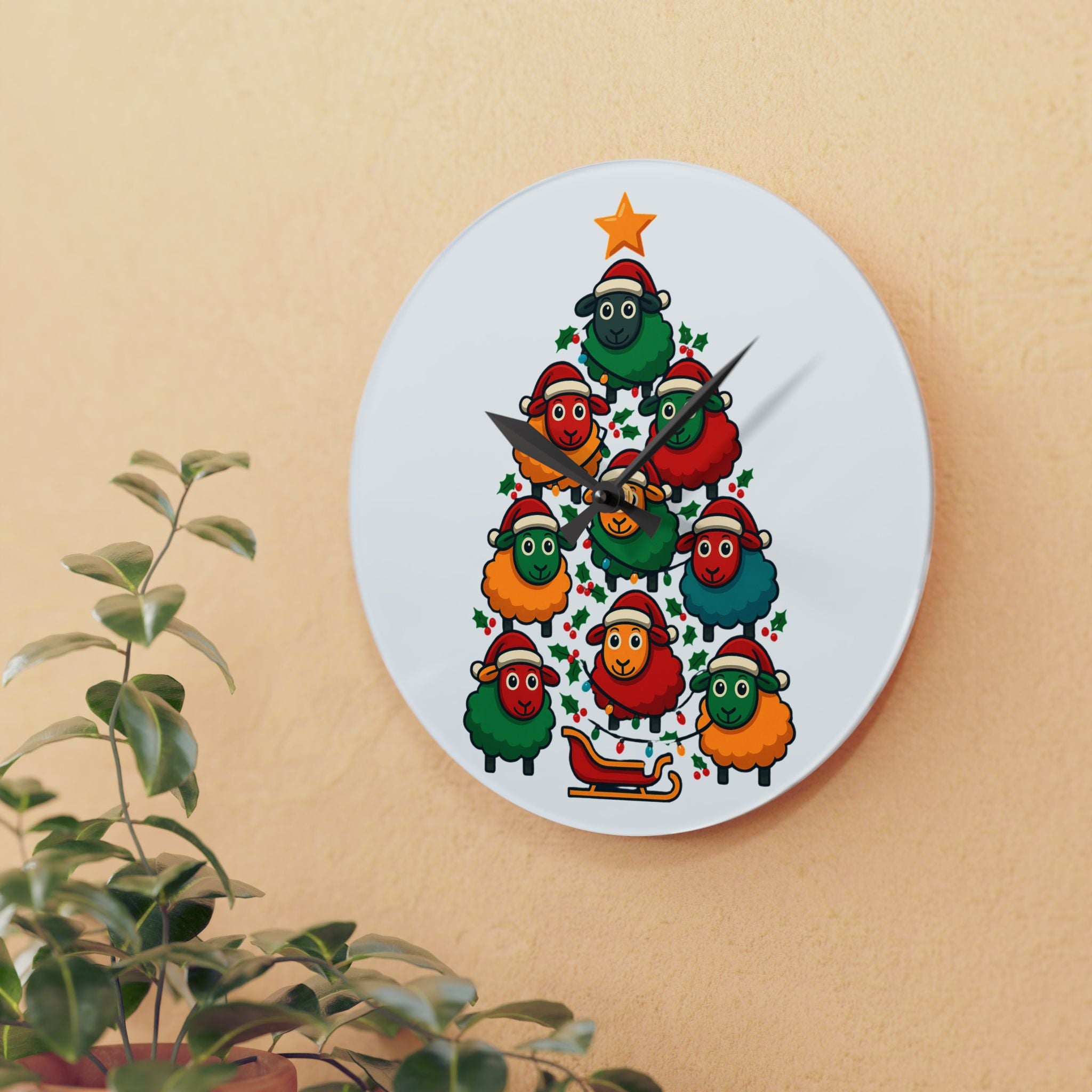 Christmas Sheep Tree Acrylic Wall Clock — Cute Holiday Farm Animal Decor