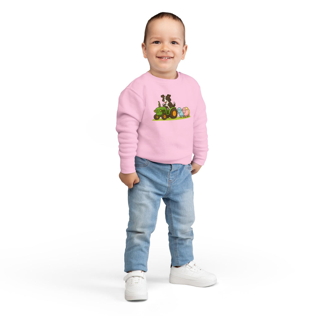 Toddler Sweatshirt — Cute Farm Tractor Crewneck with Puppy & Sheep Graphic