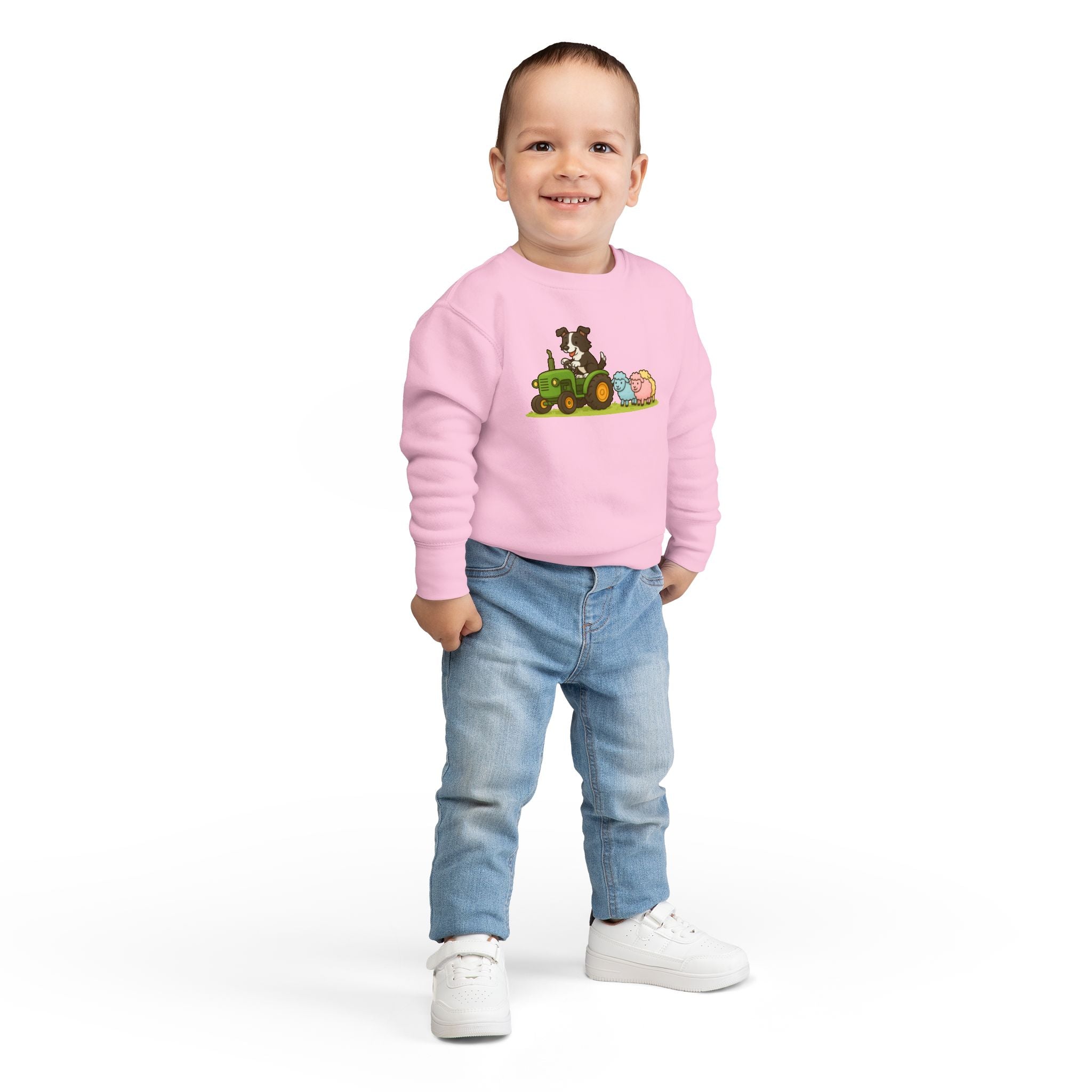 Toddler Sweatshirt — Cute Farm Tractor Crewneck with Puppy & Sheep Graphic