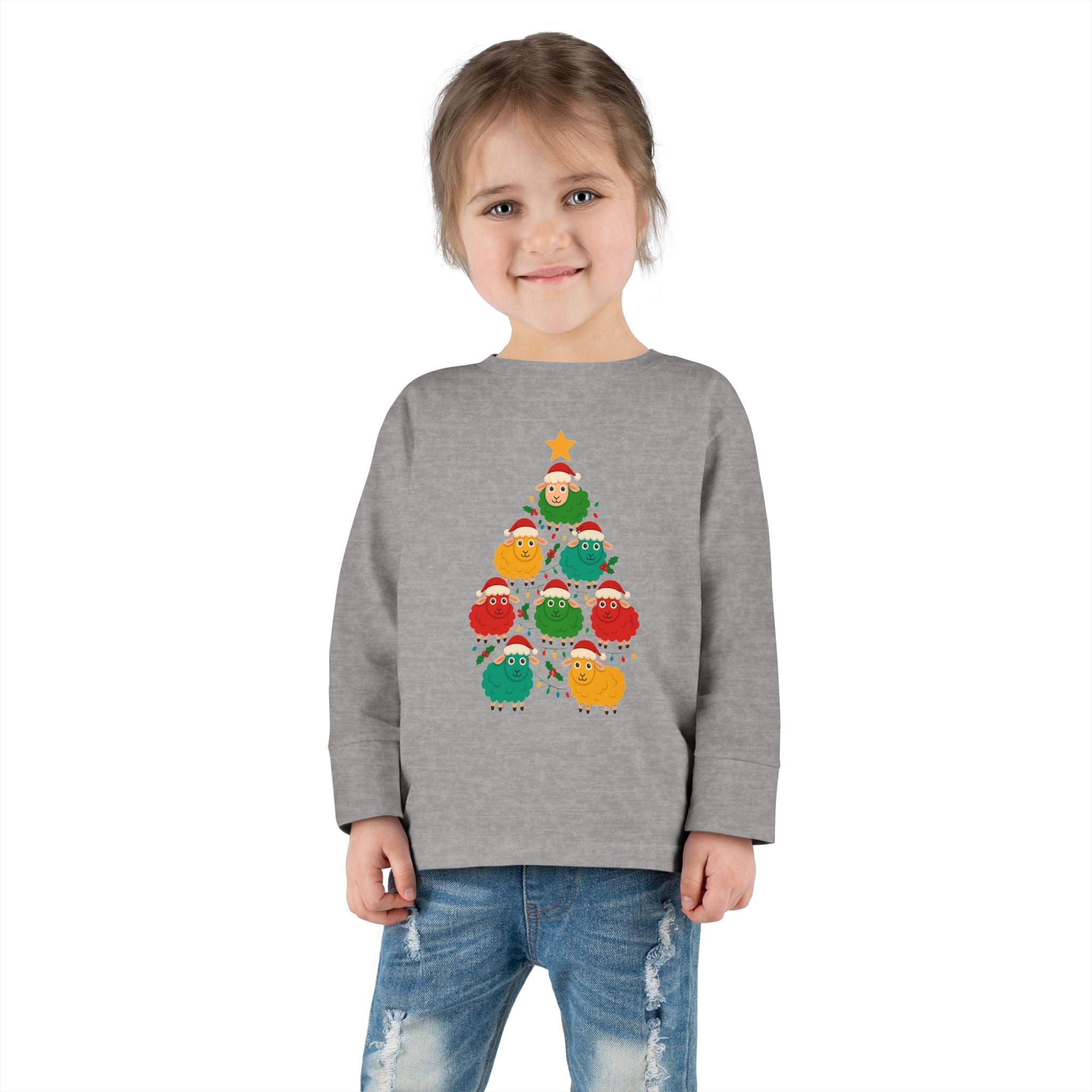 Toddler Long Sleeve Tee — Cute Sheep Christmas Tree Holiday Shirt