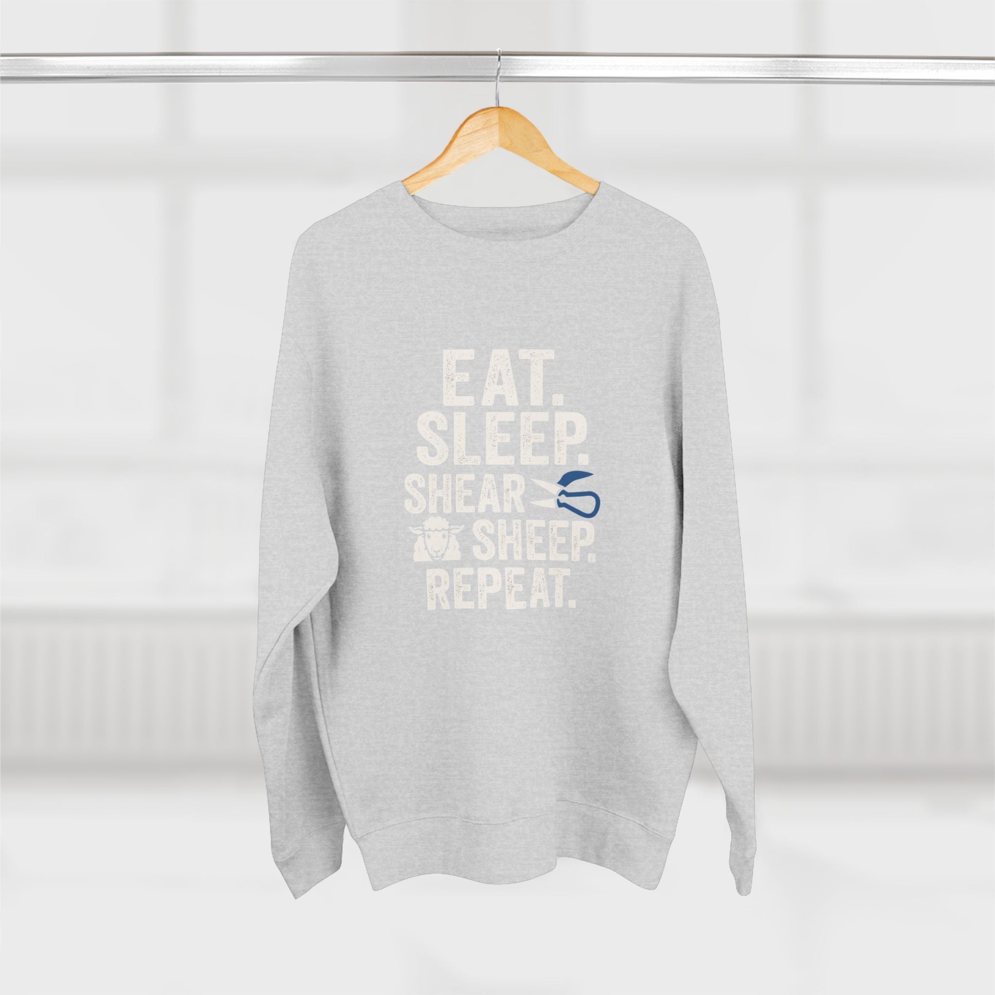 Eat Sleep Shear Repeat Sweatshirt — Sheep Shearing Crewneck for Shepherds & Farm Lovers